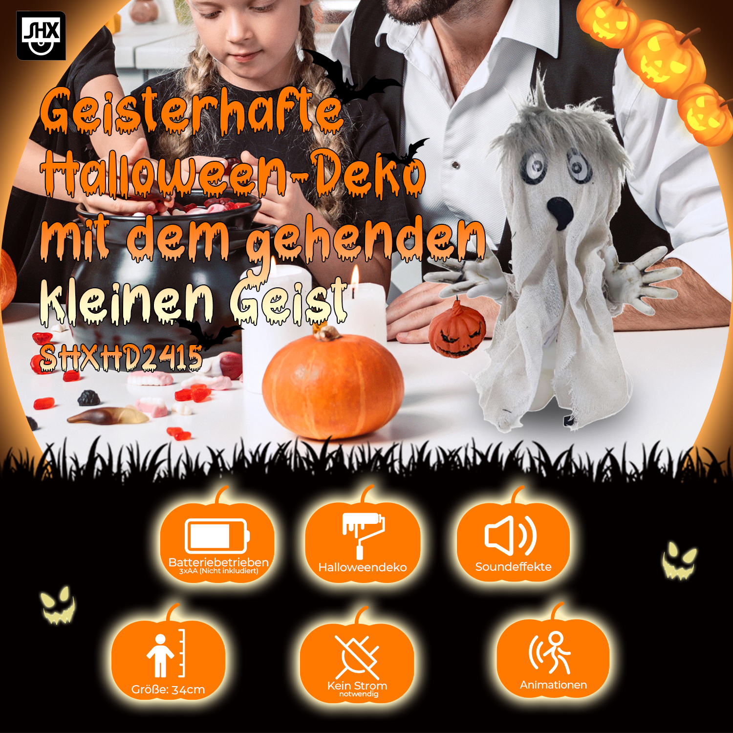 Eine Halloween-Dekoration mit einer Geisterfigur, Kürbissen und Symbolen mit Batterie, Halloween-Dekoration, Soundeffekten, Größe 34cm und Animationen.