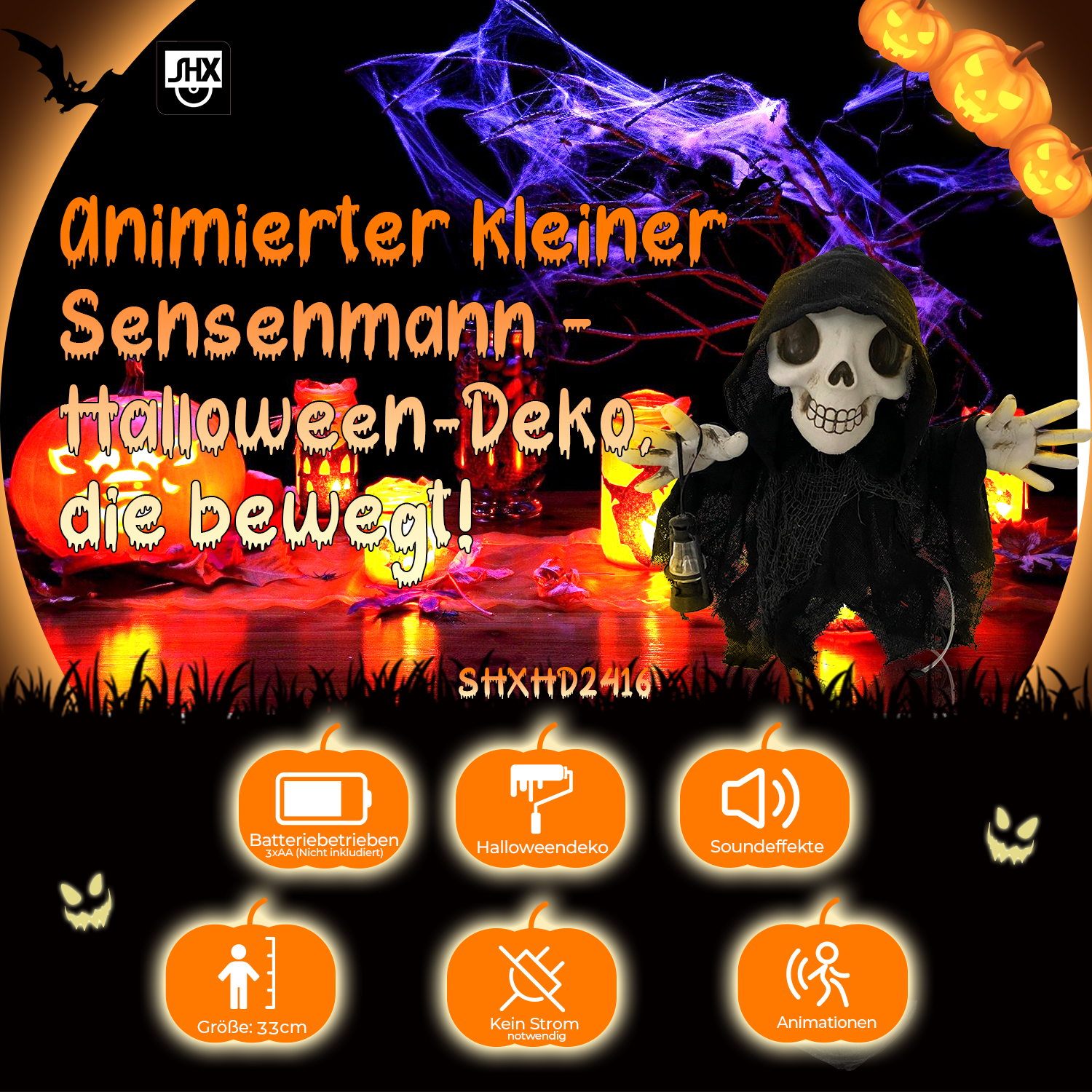 Eine Halloween-Dekoration mit einem Skelett in einem schwarzen Umhang. Auf dem schwarzen Hintergrund sind orangefarbene Kürbisse und Text zu sehen.