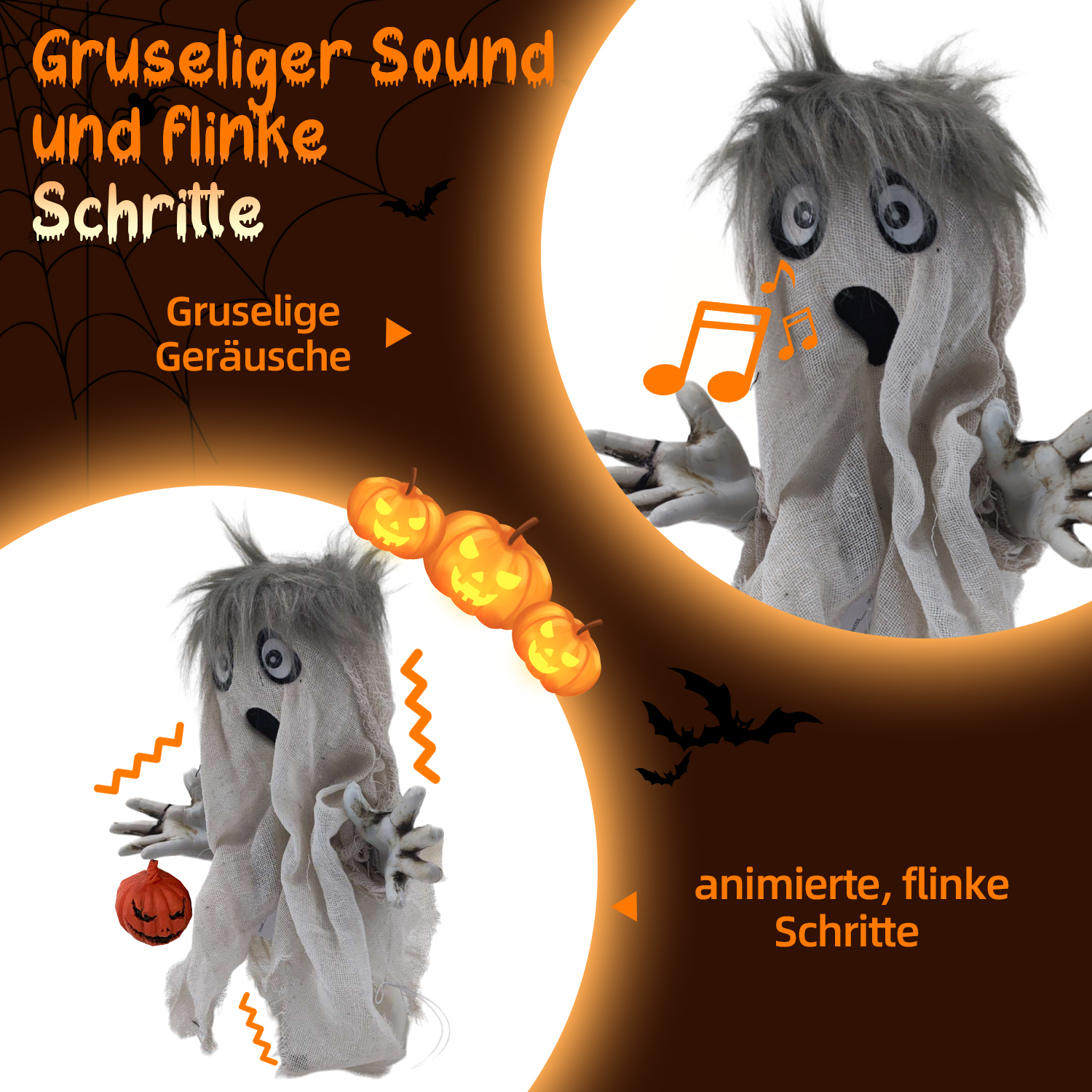 Ein Halloween-Bild mit zwei Geisterfiguren, Kürbissen, Fledermäusen und Text auf Deutsch, mit orange-braunem Farbschema.