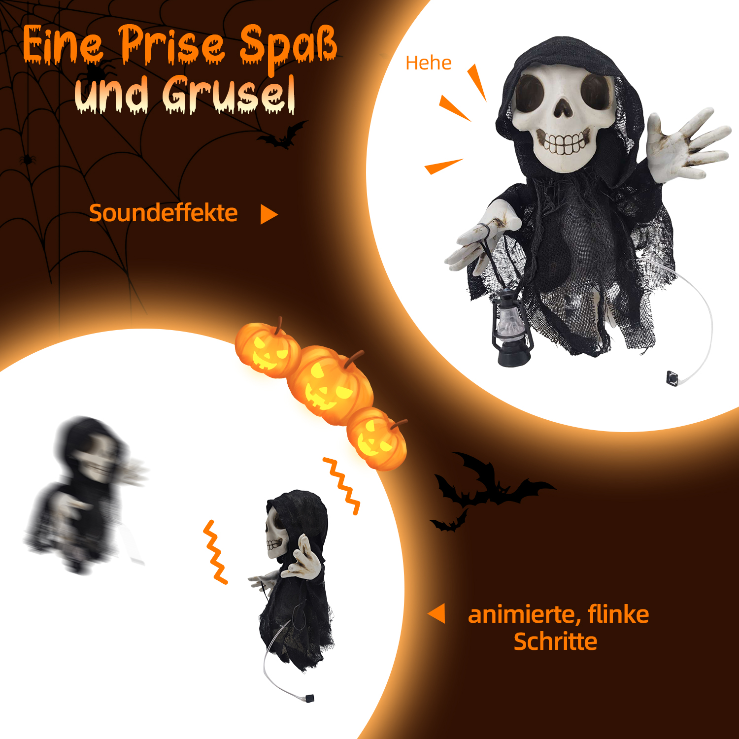 Halloween-Dekoration mit einem schädelgesichtigen Sensenmann, Kürbissen, Fledermäusen und Text auf Deutsch. Der Sensenmann hält eine Laterne.