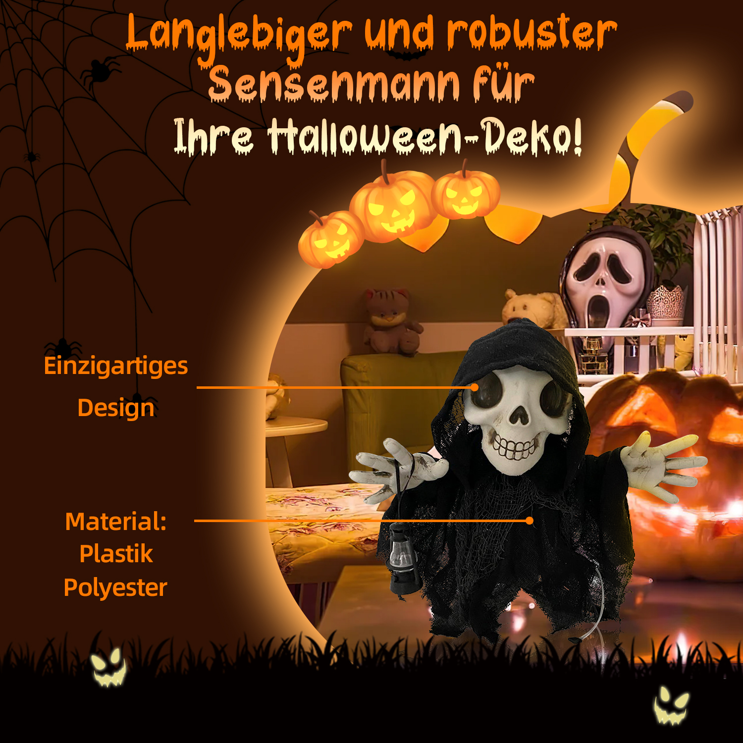 Eine Halloween-Dekoration mit einer Skelettfigur mit leuchtenden Händen, umgeben von Kürbissen und einem gruseligen Hintergrund.