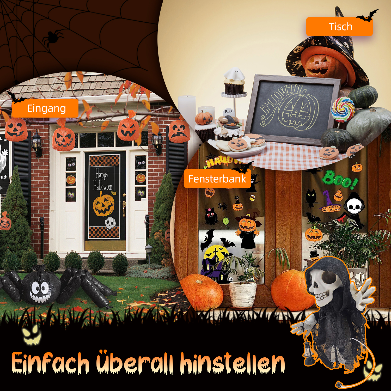 Eine Halloween-Szene mit Haus, Dekorationen, Tisch mit Leckereien und Fenster mit gruseligen Figuren und Kürbissen.
