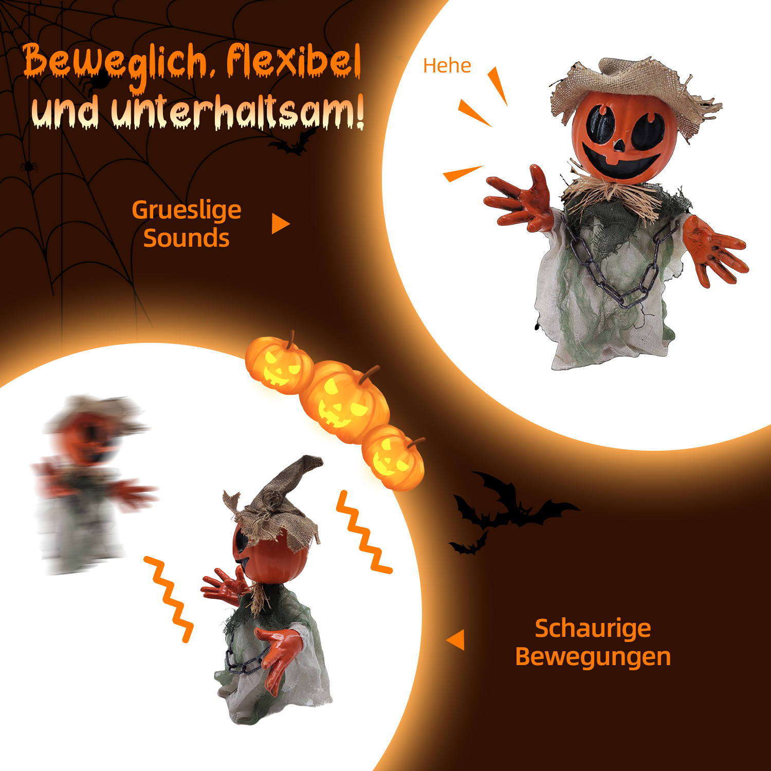 Halloween-Dekoration: eine kürbisköpfige Vogelscheuche mit Jutemütze und orangenen Händen, umgeben von Fledermäusen und Kürbissen. Text: Gruselige Geräusche.