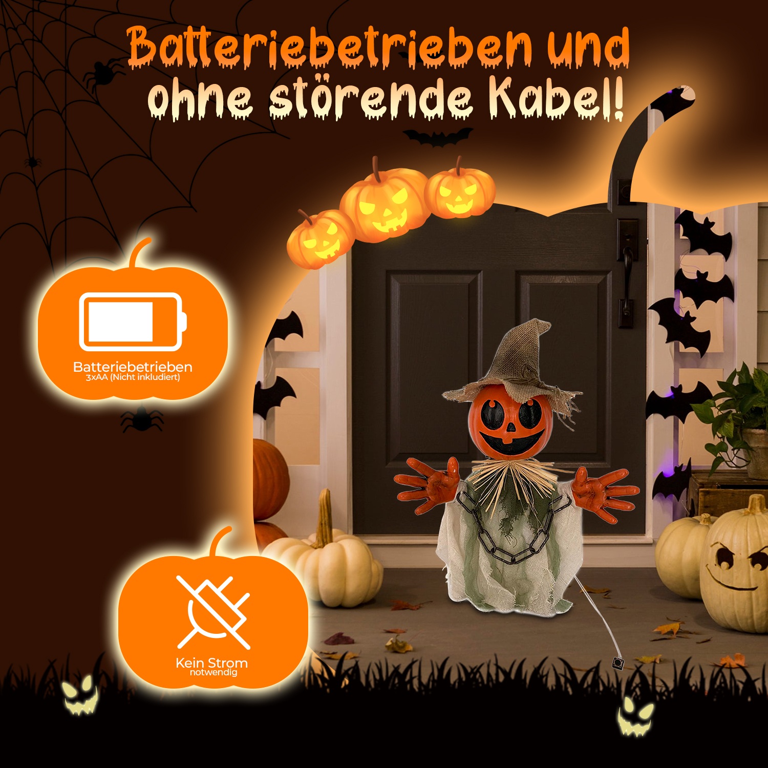Halloween-Szene mit Kürbis-Vogel, Kürbissen, Fledermäusen und dem Text 'Batteriebetrieben' und 'Kein Strom notwendig'.