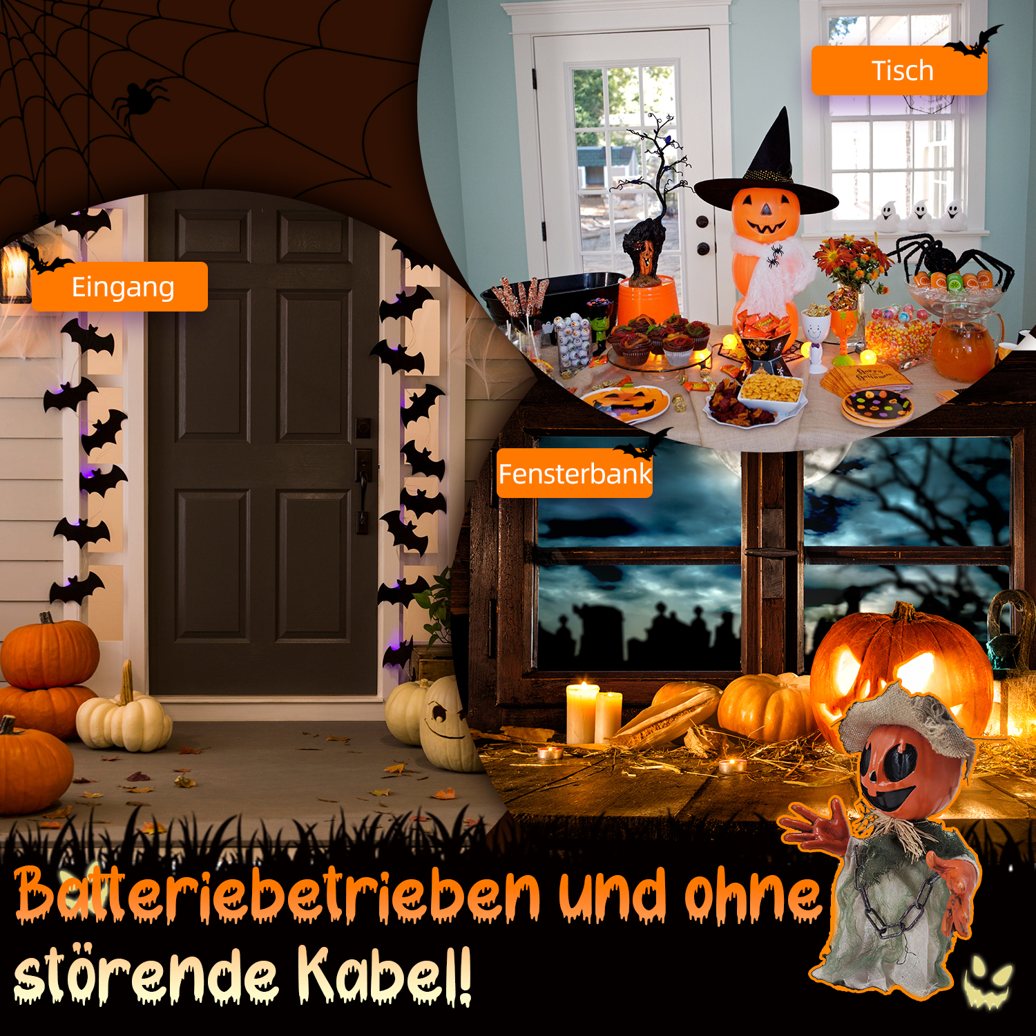 Halloween-Szene mit Kürbissen, Fledermäusen, einer Tür und einem Tisch mit Snacks. Dekorationen umfassen eine Vogelscheuche und Spinnweben.