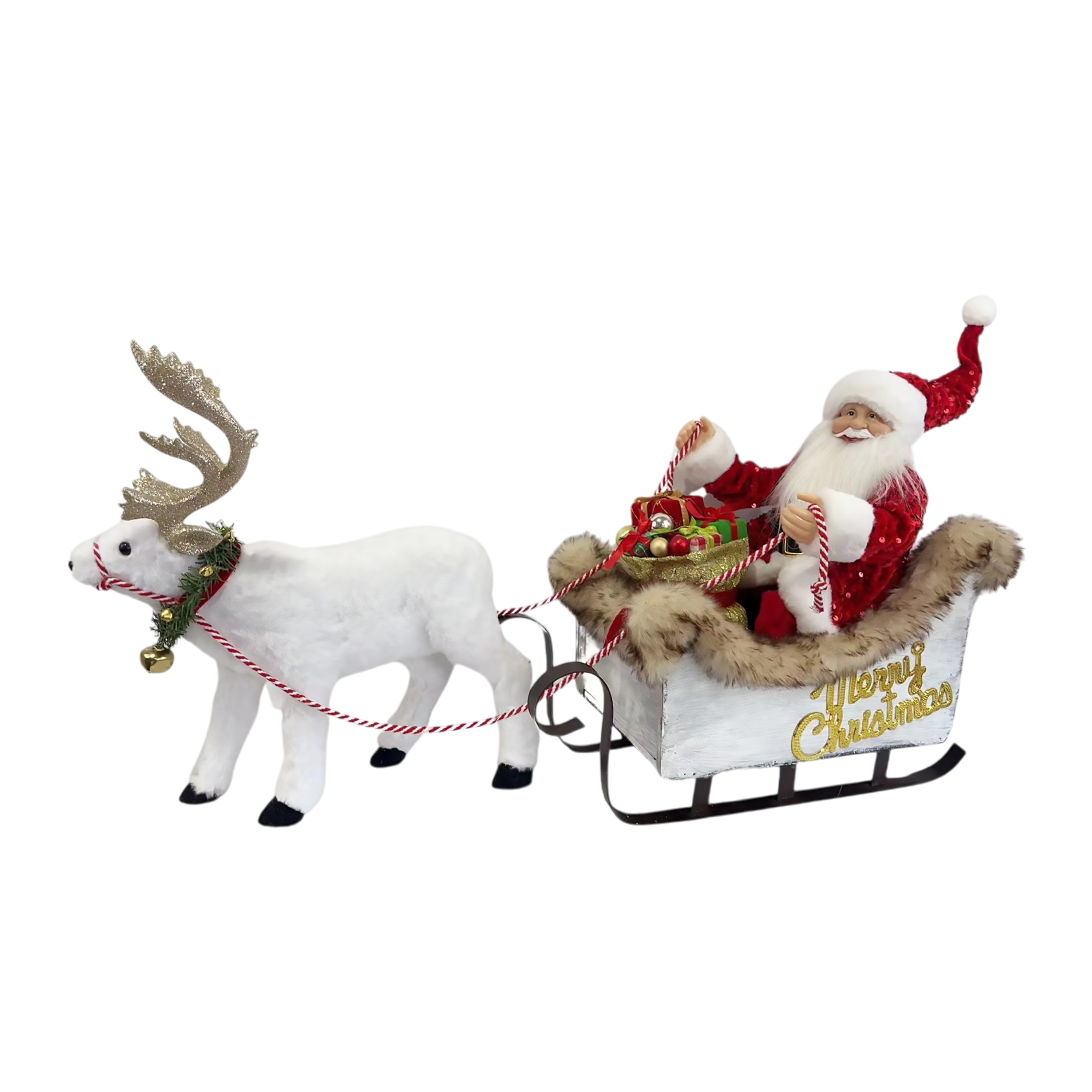 Weihnachtsmann in einem Schlitten, der von einem weißen Rentier gezogen wird. Der Schlitten hat Geschenke und 'Frohe Weihnachten' geschrieben.