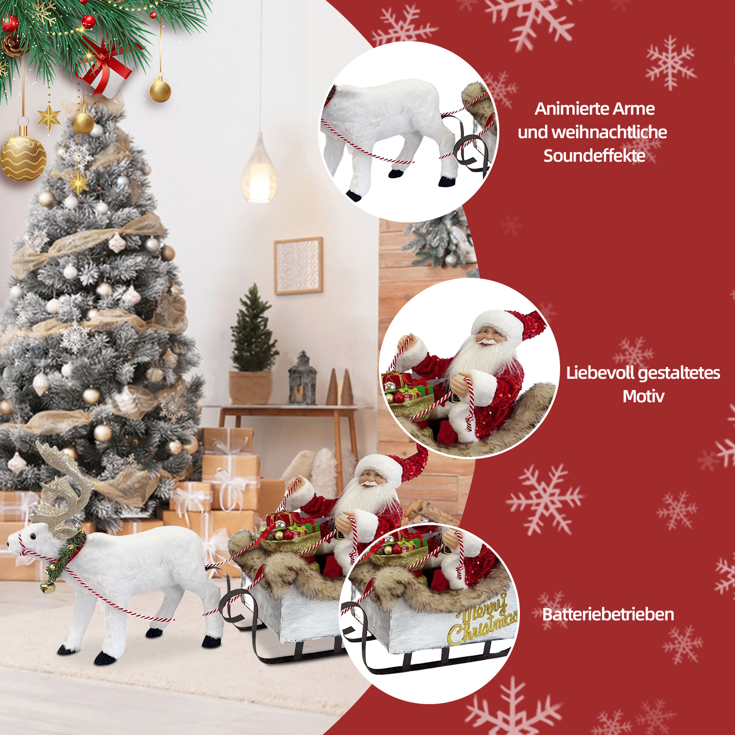 Ein weißes Rentier zieht einen Schlitten mit dem Weihnachtsmann. Ein Weihnachtsbaum und Geschenke sind im Hintergrund. Rote und goldene Dekorationen sind sichtbar.