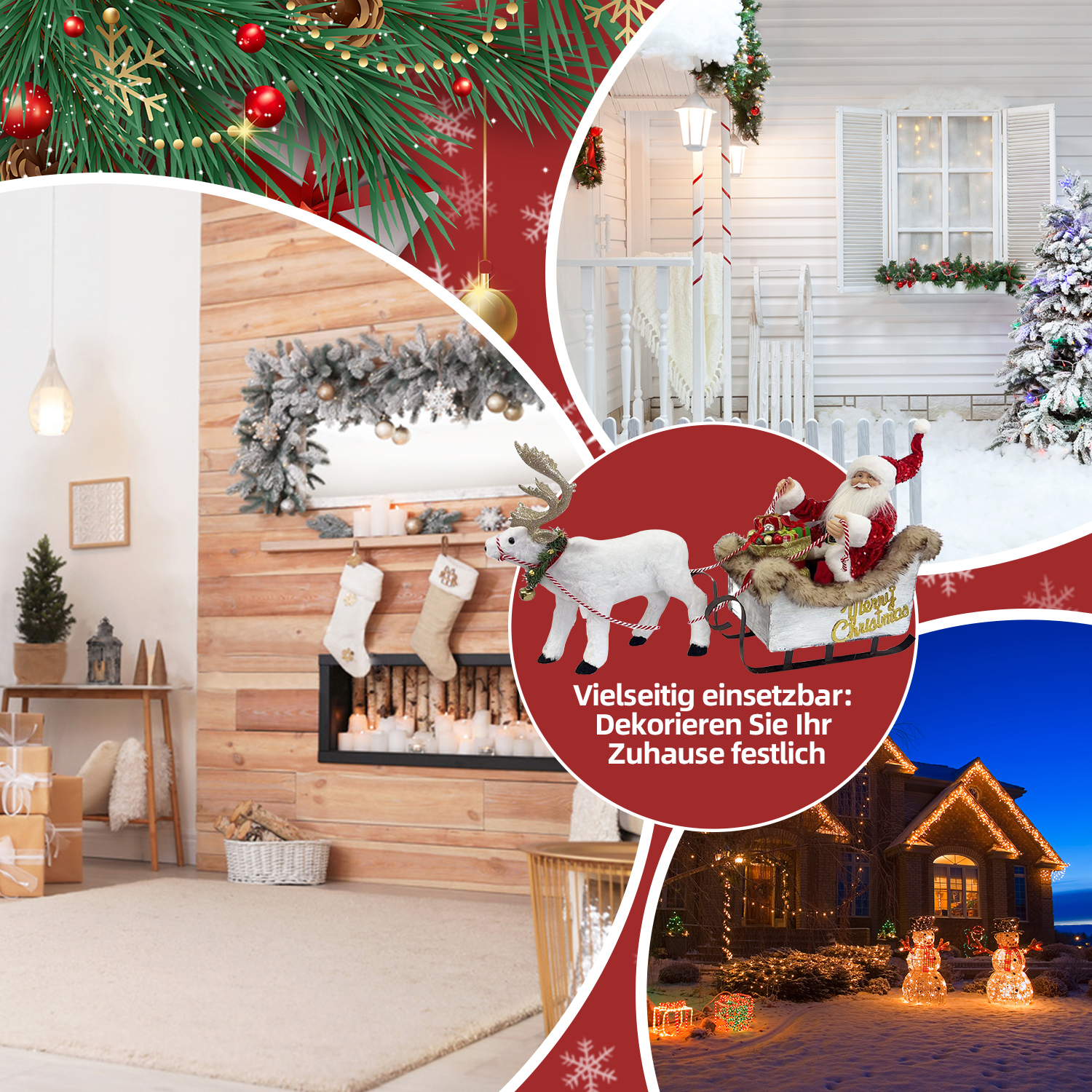 Eine Collage mit Weihnachtsszenen: ein dekoriertes Haus, ein Weihnachtsmann-Schlitten, ein Kamin und festliche Dekorationen. Schnee und Lichter.