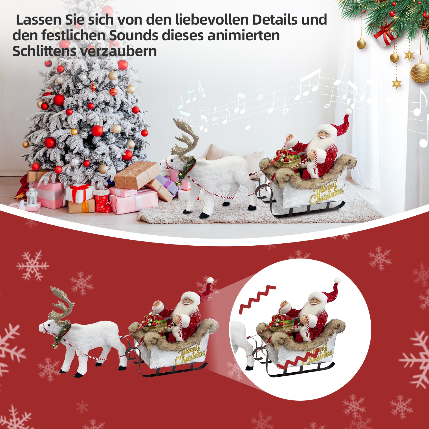 Weihnachtsmann im Schlitten, gezogen von einem Rentier, in der Nähe eines Weihnachtsbaums mit Geschenken. Festliche Dekorationen und Noten im Hintergrund.