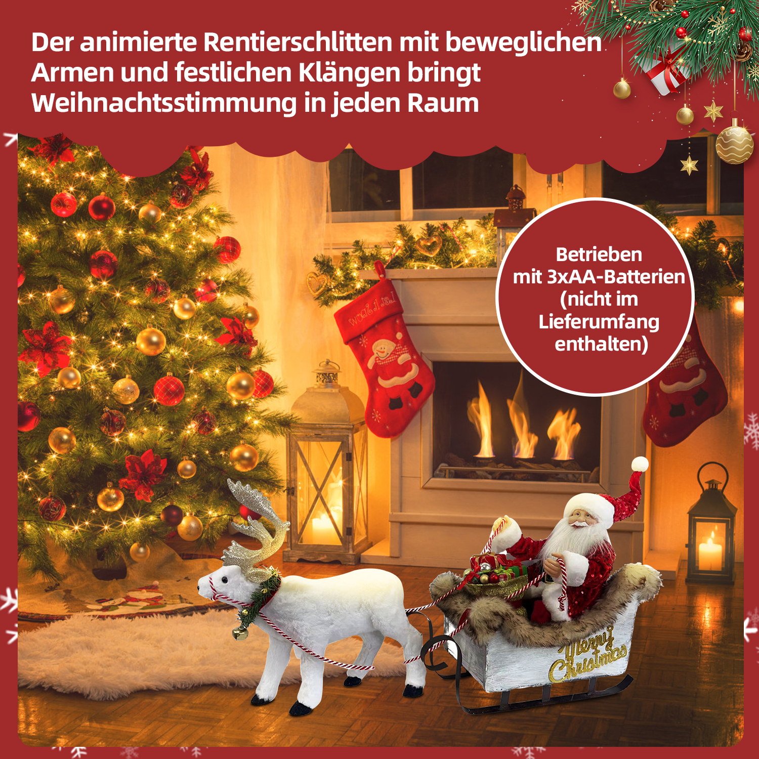 Eine Weihnachtsszene mit einem Weihnachtsschlitten mit Rentieren. Im Hintergrund ein Weihnachtsbaum und ein Kamin, festliche Dekorationen.