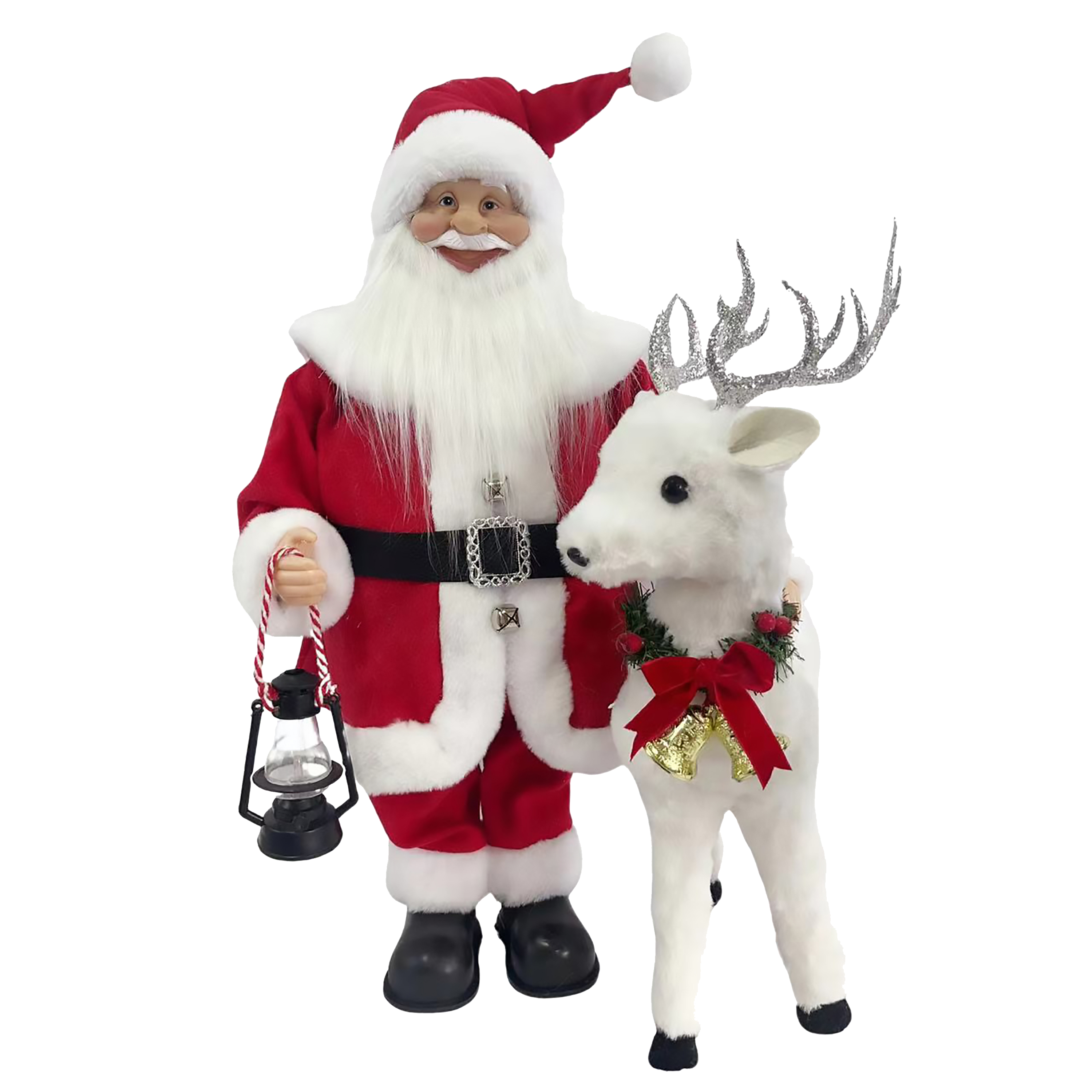 Weihnachtsmannfigur mit Laterne und weißem Rentier. Beide sind Weihnachtsdekorationen mit schwarzem Hintergrund.