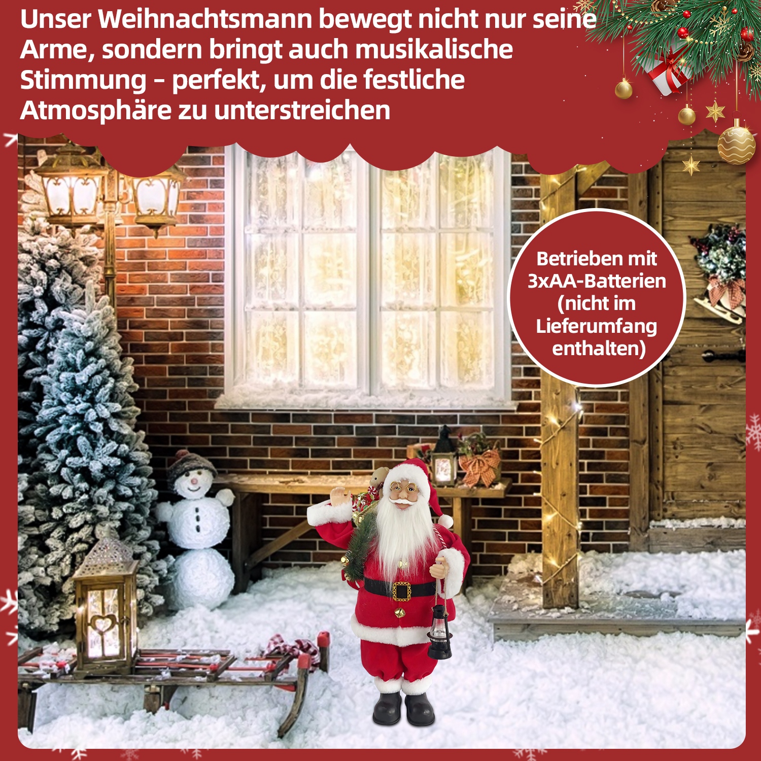 Weihnachtsmann-Figur in einer verschneiten Szene, hält eine Laterne. Ein Schneemann und ein Schlitten sind ebenfalls vorhanden. Festliche Dekorationen sind sichtbar.