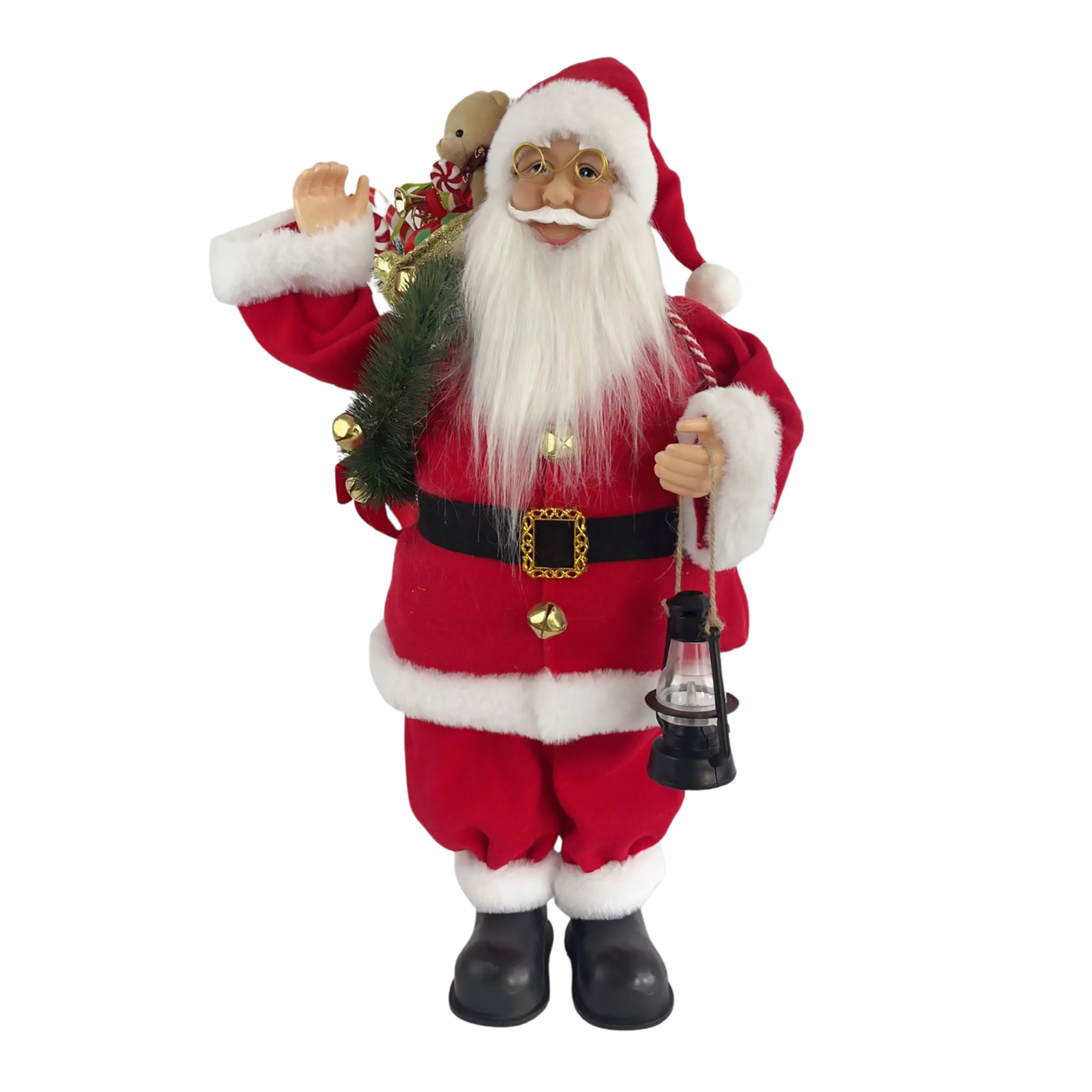 Eine Weihnachtsmannfigur in rotem Anzug, mit einem Sack und einer Laterne. Der Hintergrund ist schwarz.