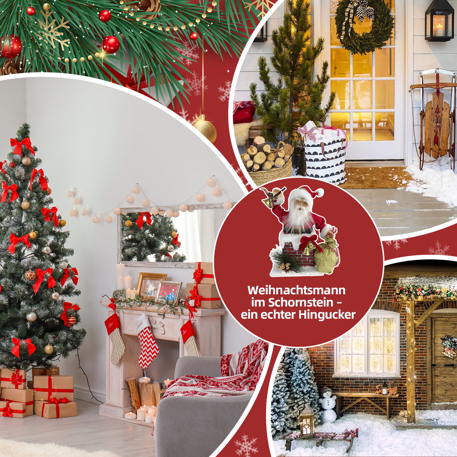 Eine Collage von Weihnachtsszenen, darunter geschmückte Bäume, Kamin, Haustür mit Kranz und ein Schneemann.