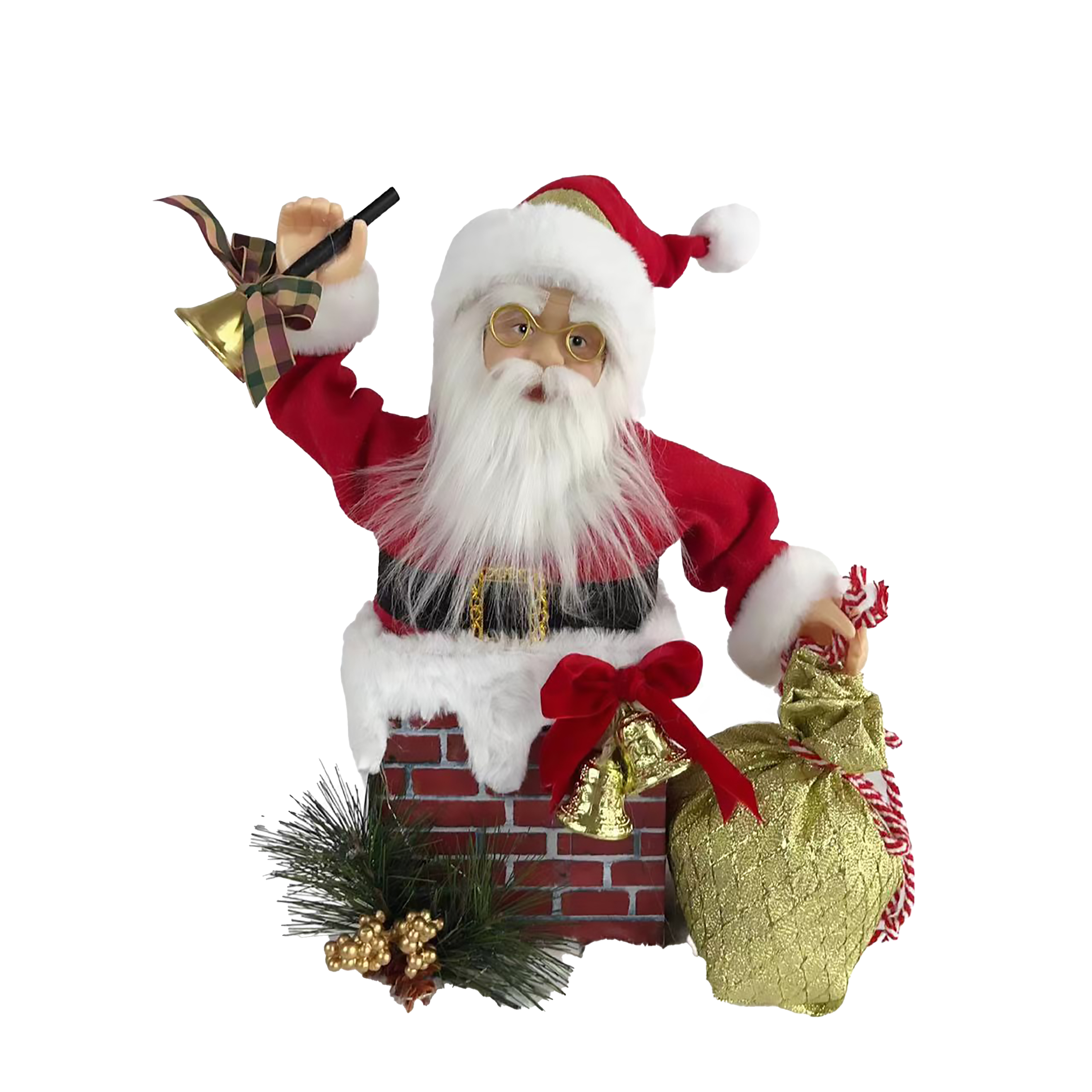 Weihnachtsmann-Figur in einem Schornstein, hält eine Glocke und eine Geschenktüte. Weihnachtsdekoration.