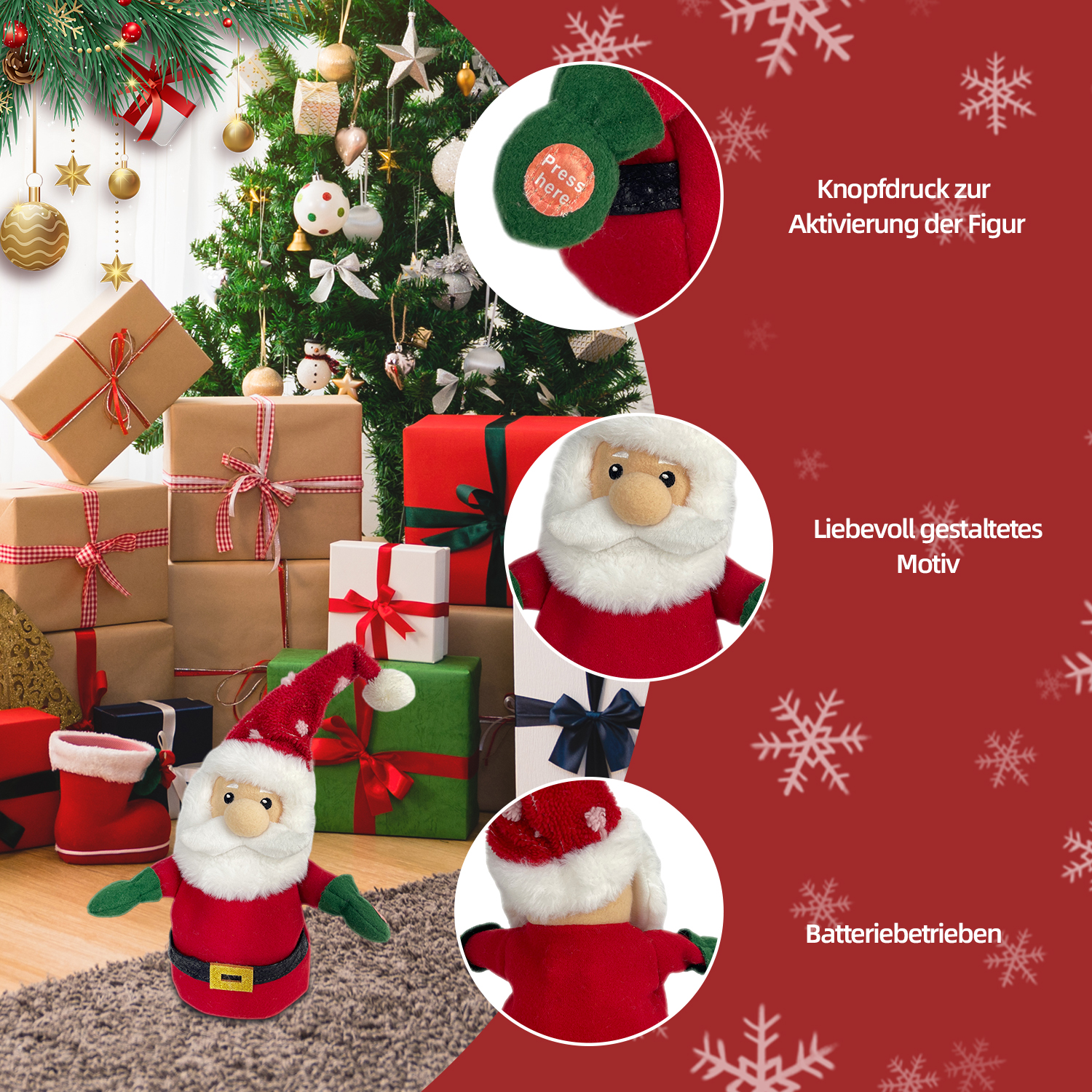 Eine Weihnachtsmann-Puppe in rotem Anzug und Hut. Geschenke und Weihnachtsbaum im Hintergrund. Schneeflocken-Hintergrund.