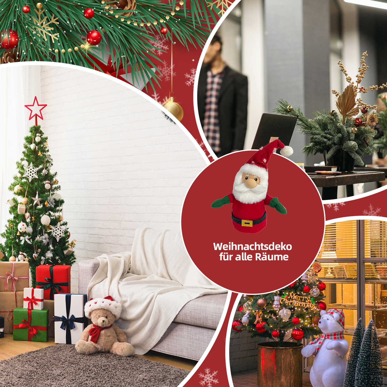 Weihnachtsdekoration: Baum, Geschenke, Weihnachtsmann, Teddybär und mehr. Festliche Szene mit Rot-Weiß-Thema. Text: 'Weihnachtsdeko für alle Räume'.