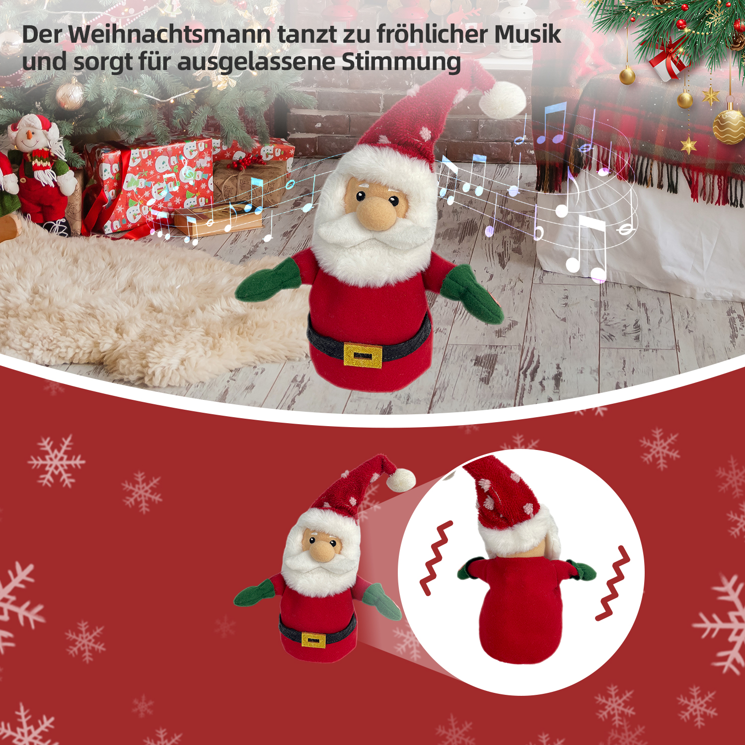 Eine Weihnachtsmann-Puppe mit rotem Anzug, schwarzem Gürtel und grünen Handschuhen tanzt vor einem Weihnachtsbaum. Musiknoten sind sichtbar.