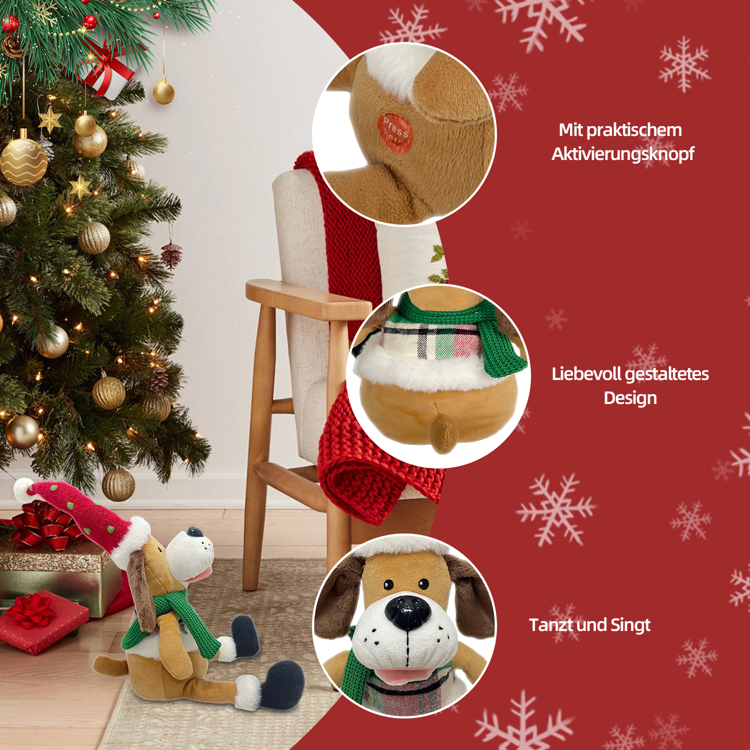 Eine festliche Szene mit einem Hundespielzeug, das einen Weihnachtsmannhut trägt. Ein Weihnachtsbaum und Geschenke sind im Hintergrund.