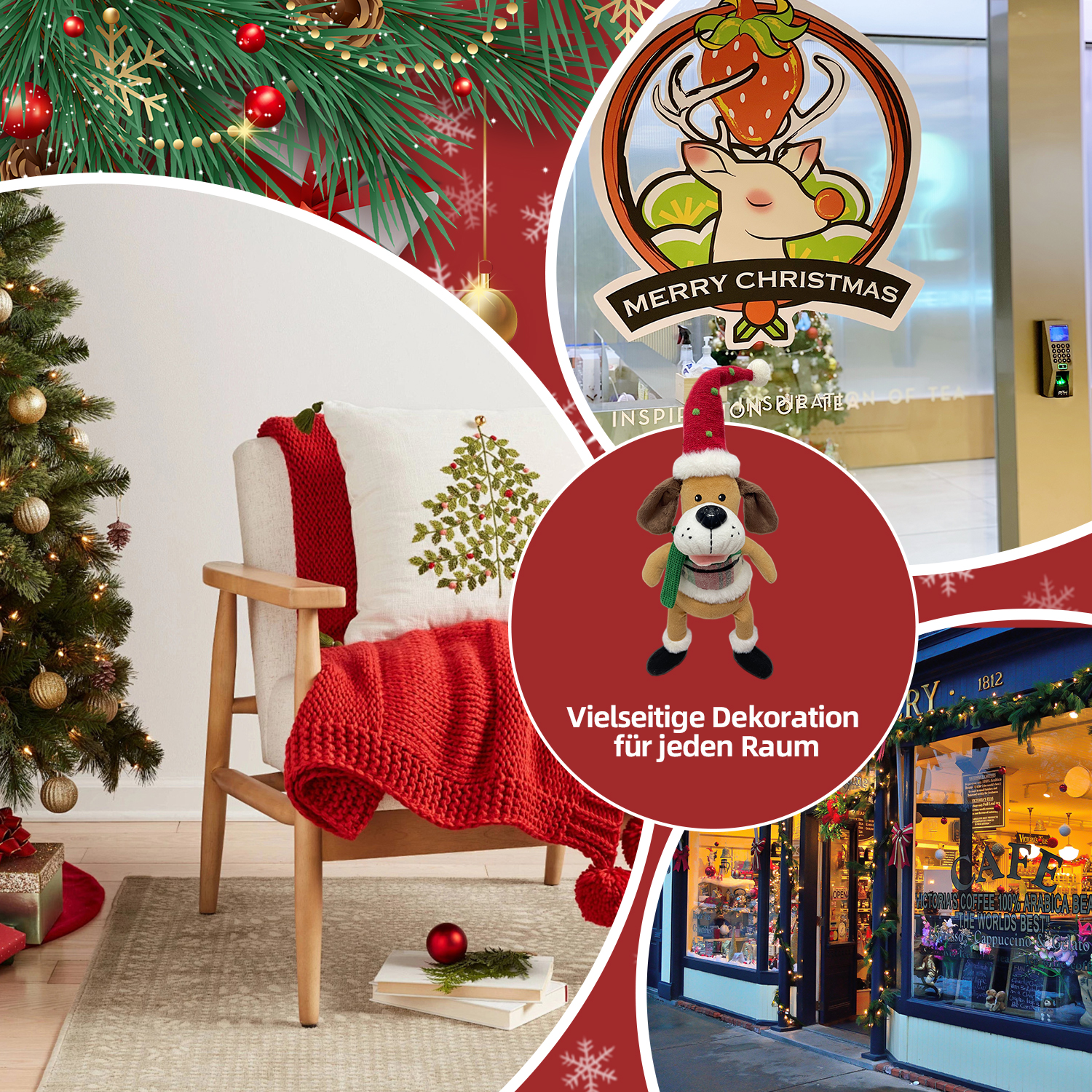 Weihnachtsszene mit Baum, Stuhl und Schaufenster. Enthält einen Plüschhund mit Weihnachtsmütze und ein festliches Schild.