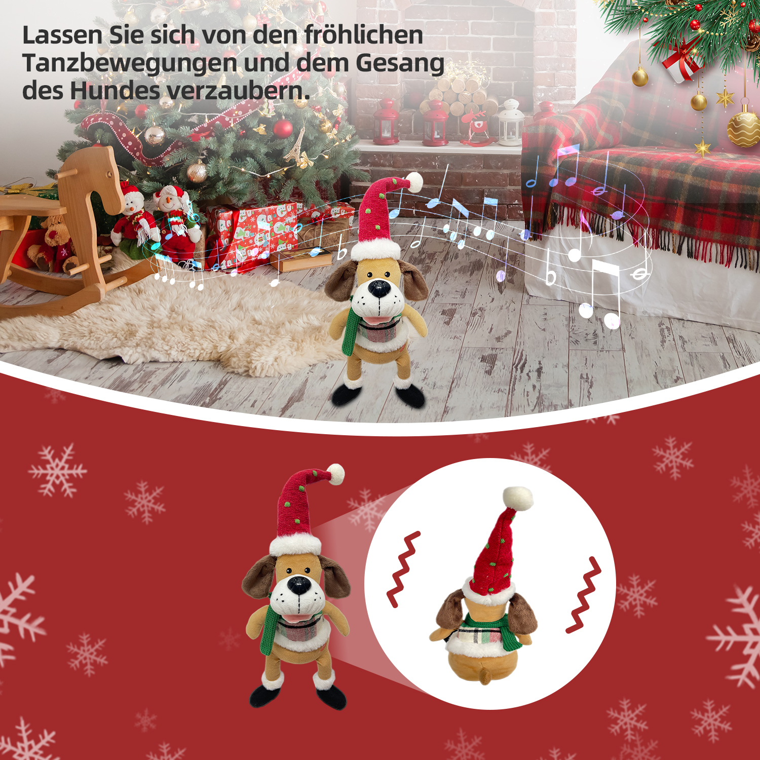 Ein Stoffhund mit Weihnachtsmütze und Schal tanzt in der Nähe eines Weihnachtsbaums. Noten schweben um den Hund.