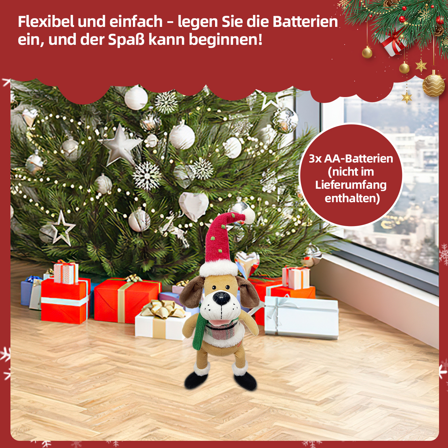 Ein Hundespielzeug mit Weihnachtsmütze steht vor einem Weihnachtsbaum und Geschenken. Text: 'Flexibel und einfach - Batterien einlegen'.