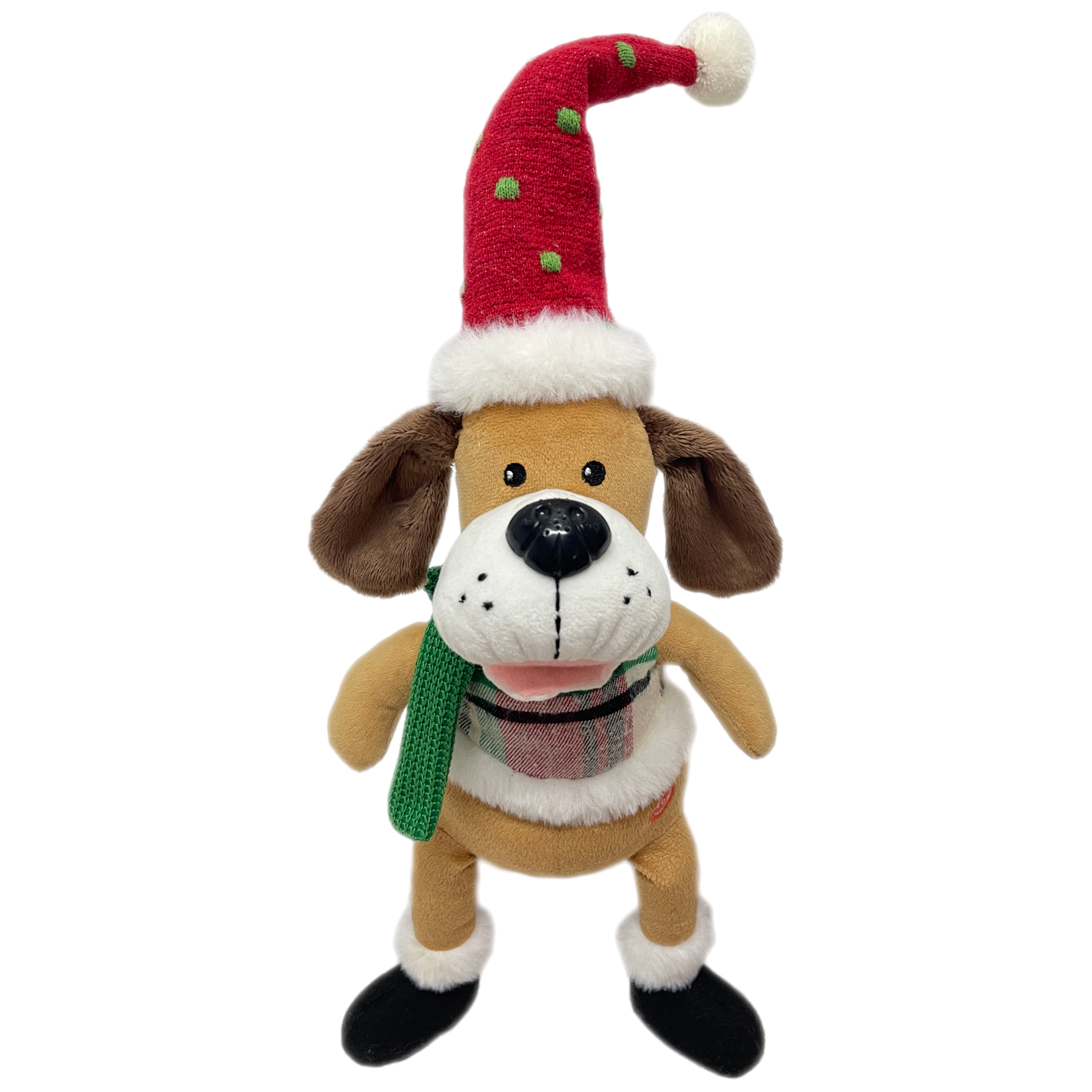 Ein Plüschhund mit Weihnachtsmütze und Schal. Er ist braun mit schwarzen Augen, Nase und Füßen. Der Hintergrund ist schwarz.