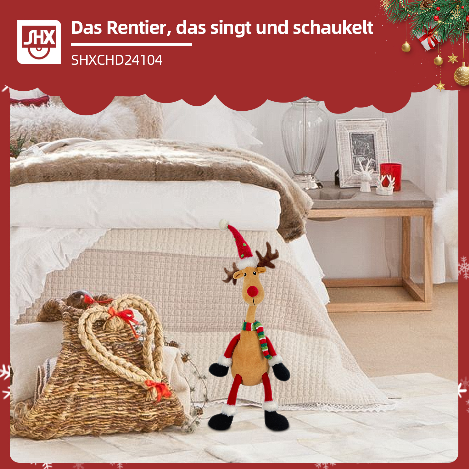 Ein Rentier-Plüschtier mit Weihnachtsmütze und Schal steht vor einem Bett. Links ist ein herzförmiger Korb aus Weide geflochten.