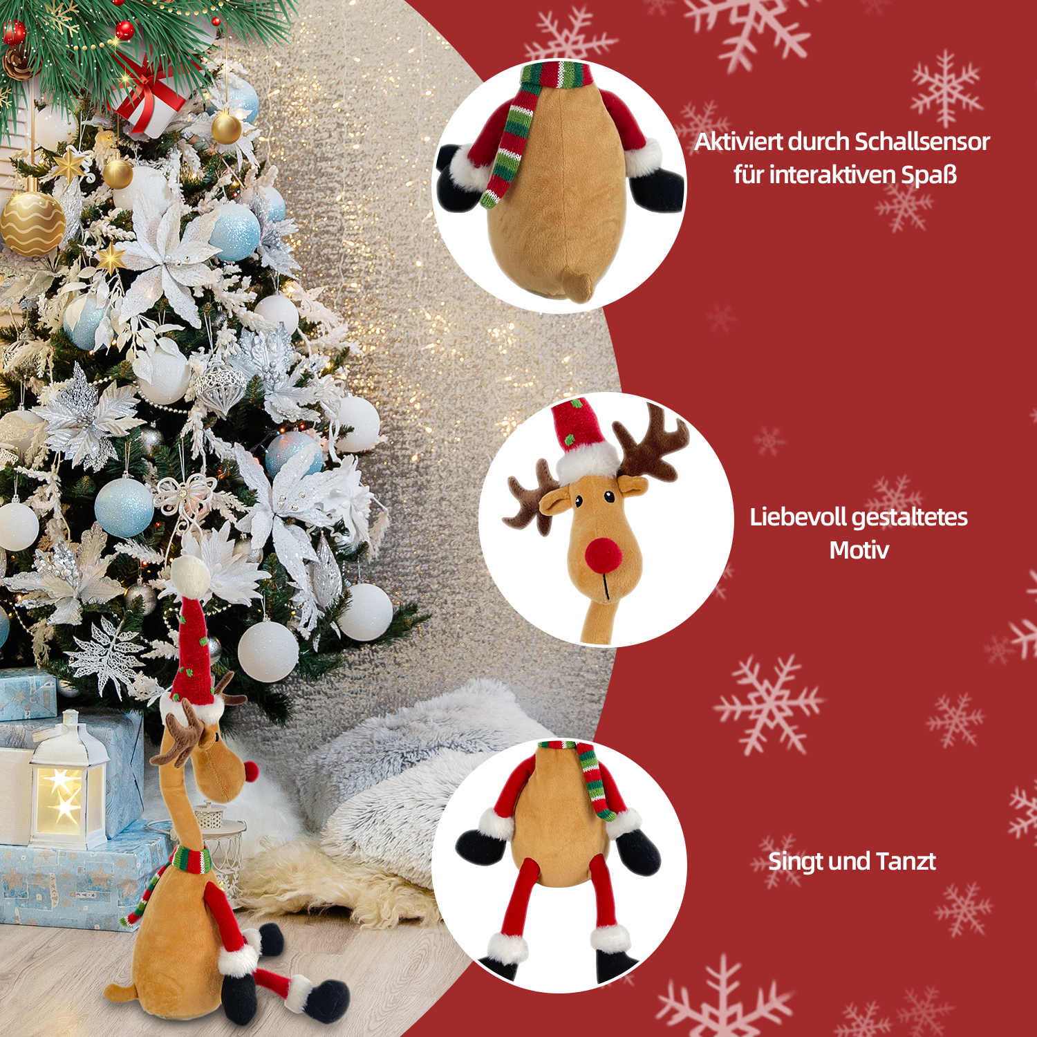Ein Weihnachtsbaum mit Ornamenten. Plüsch-Rentierspielzeuge mit Hüten und Schals sind ausgestellt. Einige Spielzeuge befinden sich in kreisförmigen Einsätzen.