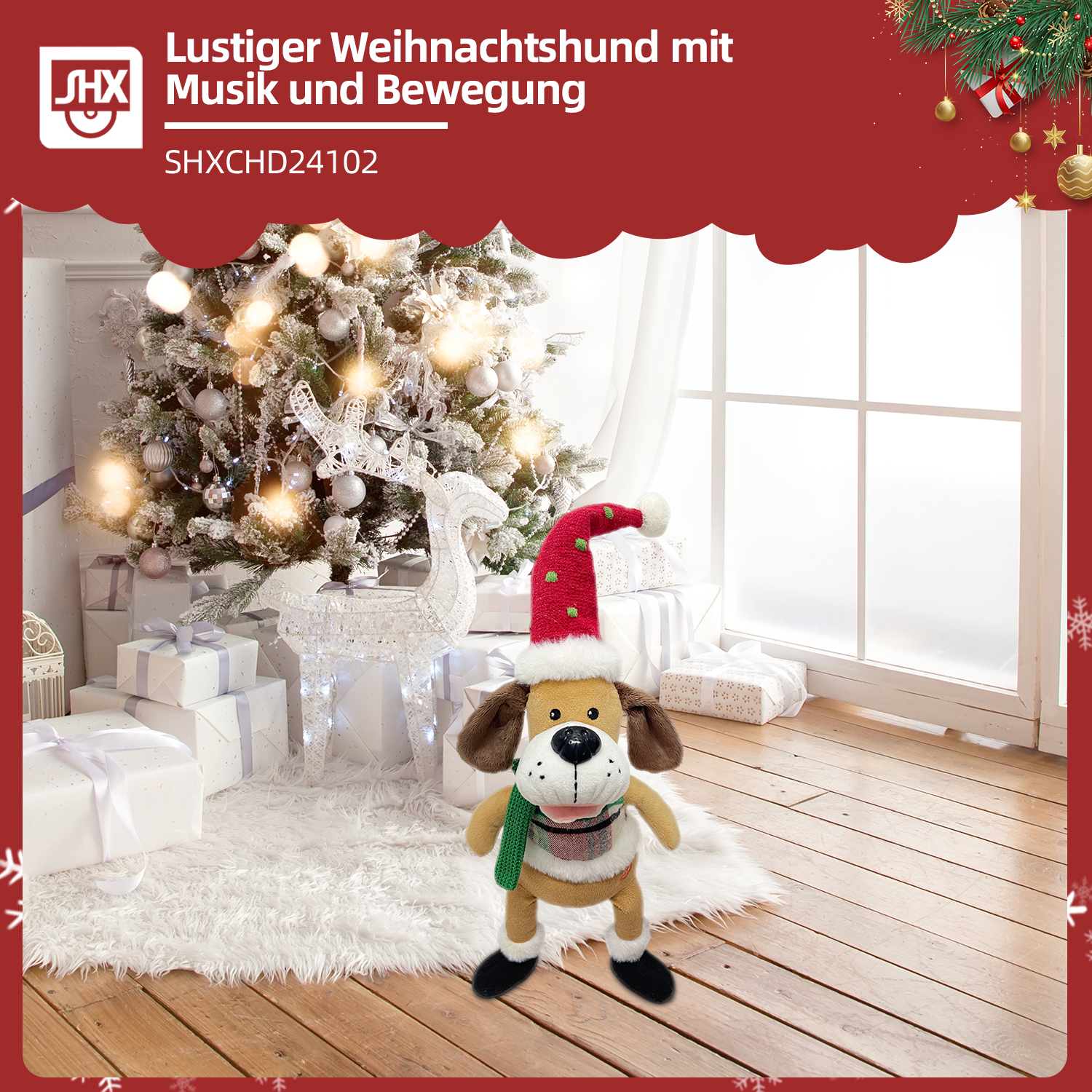 Ein Plüschhund mit Weihnachtsmütze und Schal steht neben einem Weihnachtsbaum mit Geschenken. Im Hintergrund sind ein Fenster und ein weißer Teppich zu sehen.