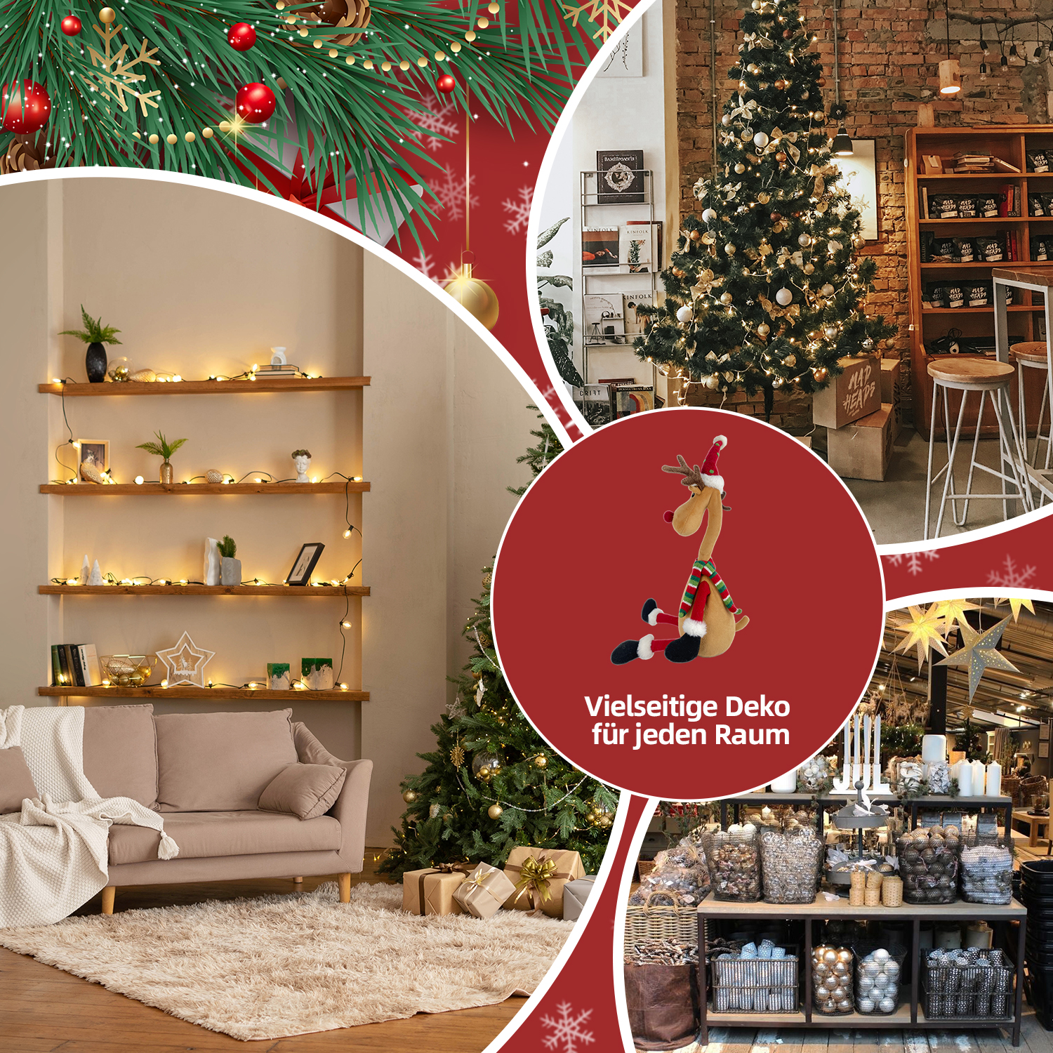 Eine Collage zeigt Weihnachtsdekoration: Bäume, Ornamente, ein Rentier und Innenraumszenen mit Regalen, einer Couch und Ladenansichten.