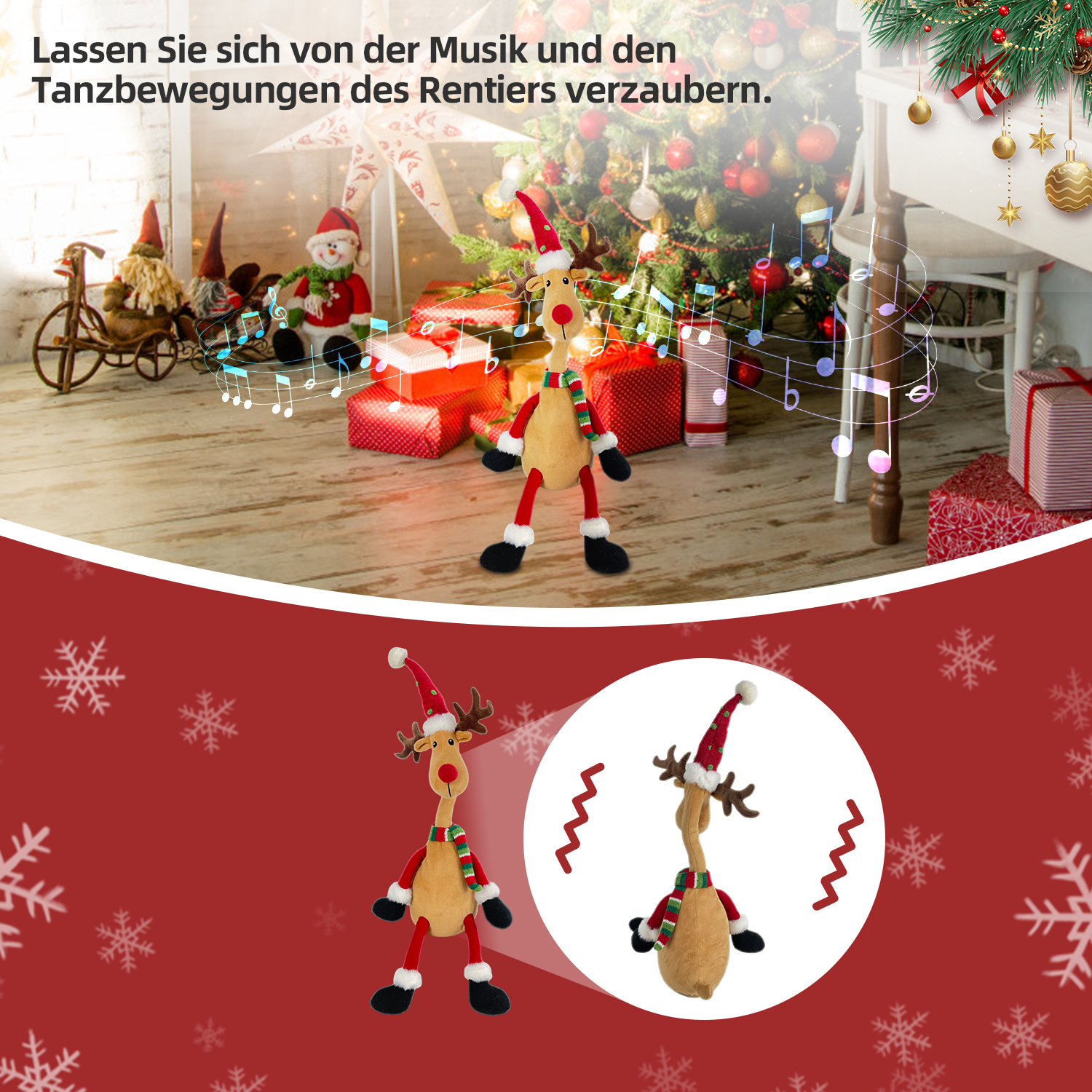 Ein Plüsch-Rentier-Spielzeug mit roter Mütze und Schal tanzt. Weihnachtsbaum und Geschenke sind im Hintergrund. Noten schweben darum.