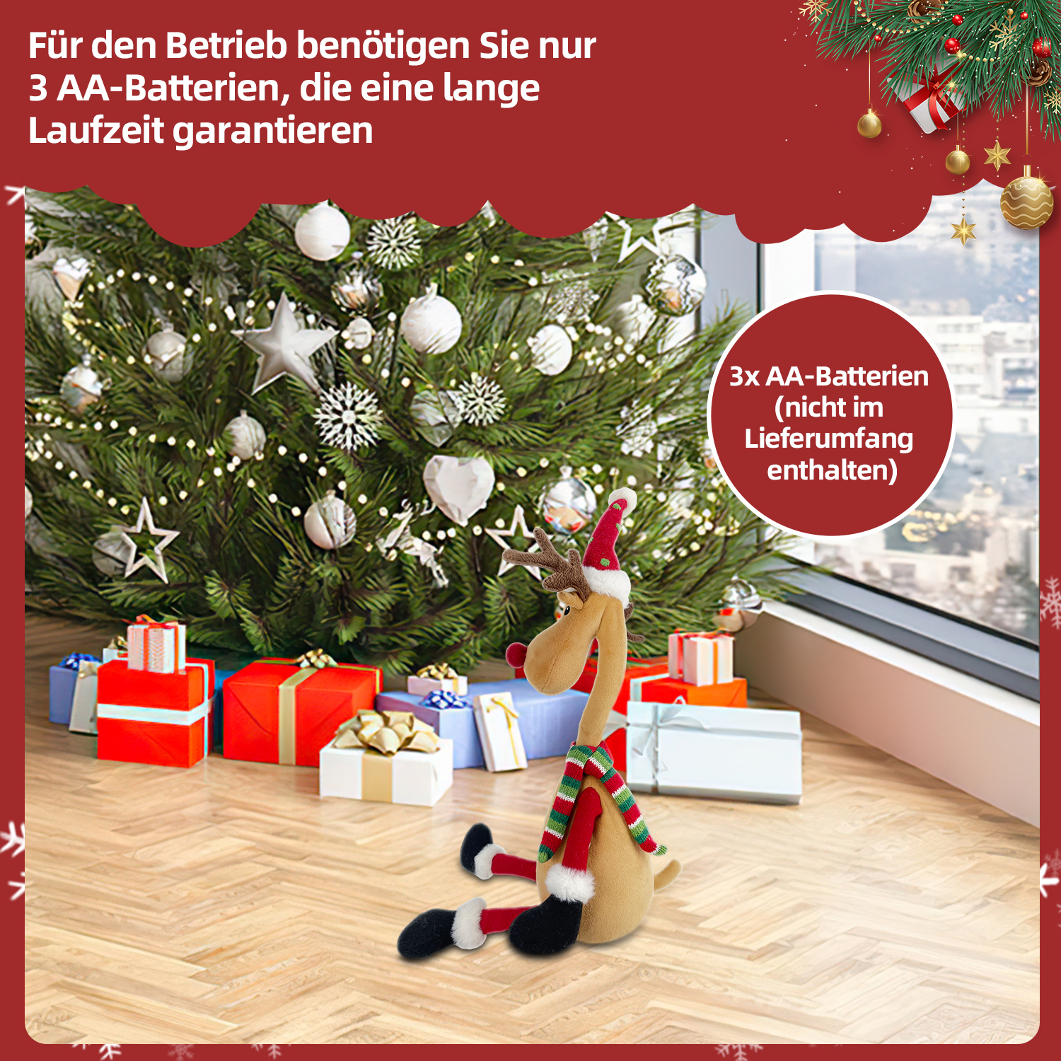 Weihnachtsszene mit Geschenken, Baum und Rentier-Spielzeug. Text besagt, dass Batterien benötigt werden, nicht enthalten.