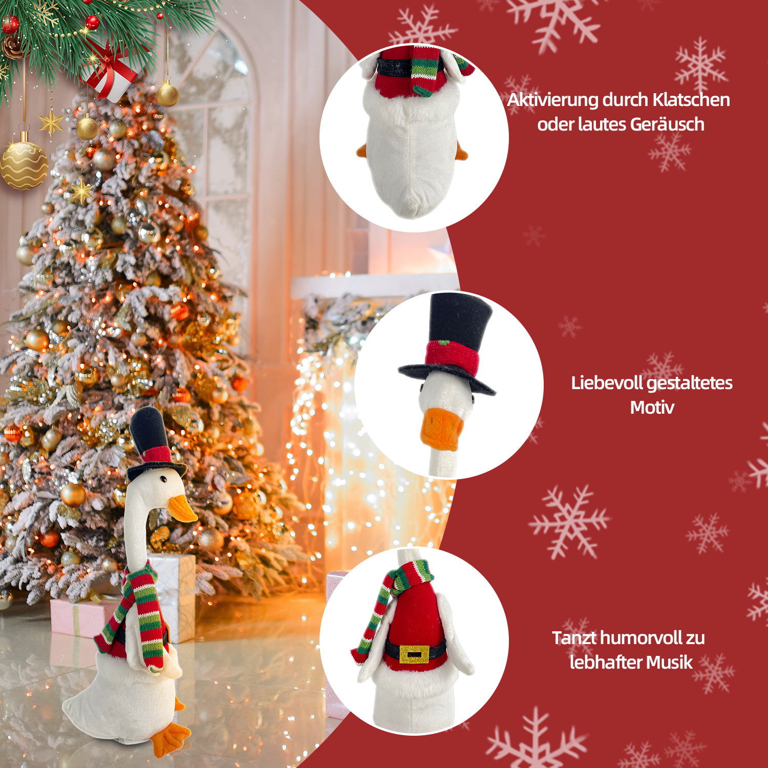 Weihnachtsbild mit einem Gänse-Spielzeug, das einen Hut und einen Schal trägt, in der Nähe eines geschmückten Weihnachtsbaums. Schneeflocken und Text im Hintergrund.