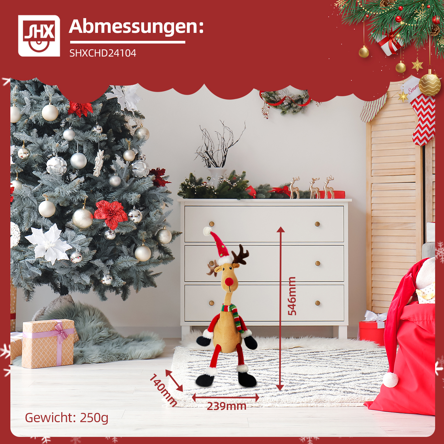 Eine Weihnachtsszene mit geschmücktem Baum, Rentierspielzeug, Geschenken und einem roten Sack. Abmessungen und Gewicht angegeben.