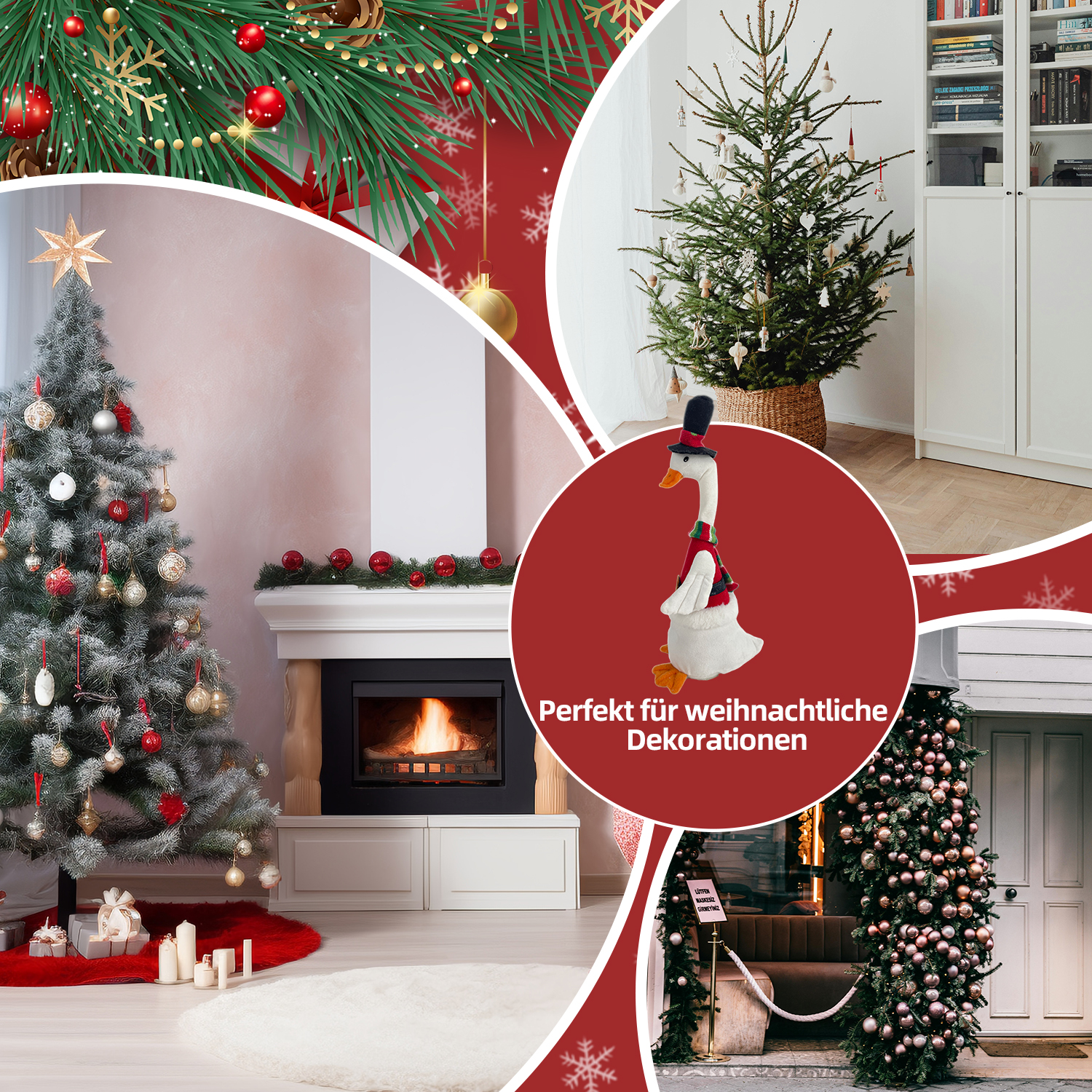 Ein zusammengesetztes Bild von Weihnachtsdekorationen: ein Baum mit Ornamenten, ein Kamin, eine Gänsefigur und ein dekorierter Eingang.