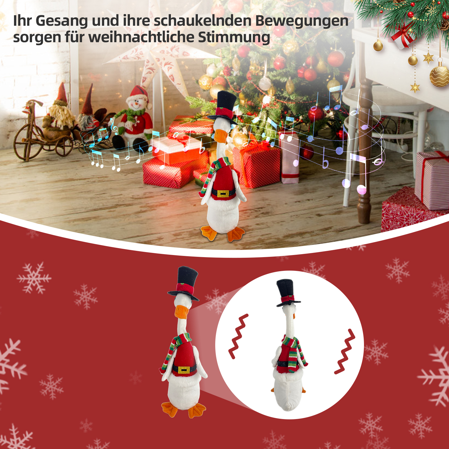 Eine Gans aus Plüsch mit Hut und Schal steht vor einem geschmückten Weihnachtsbaum. Geschenke und Noten ergänzen die Urlaubsszene.