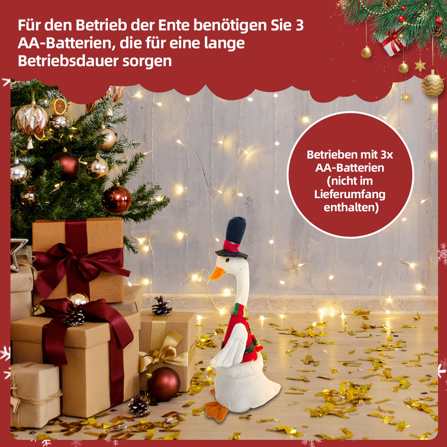 Ein Gänse-Spielzeug mit Hut und Schal. Ein Weihnachtsbaum und Geschenke sind im Hintergrund. Text erwähnt benötigte Batterien.