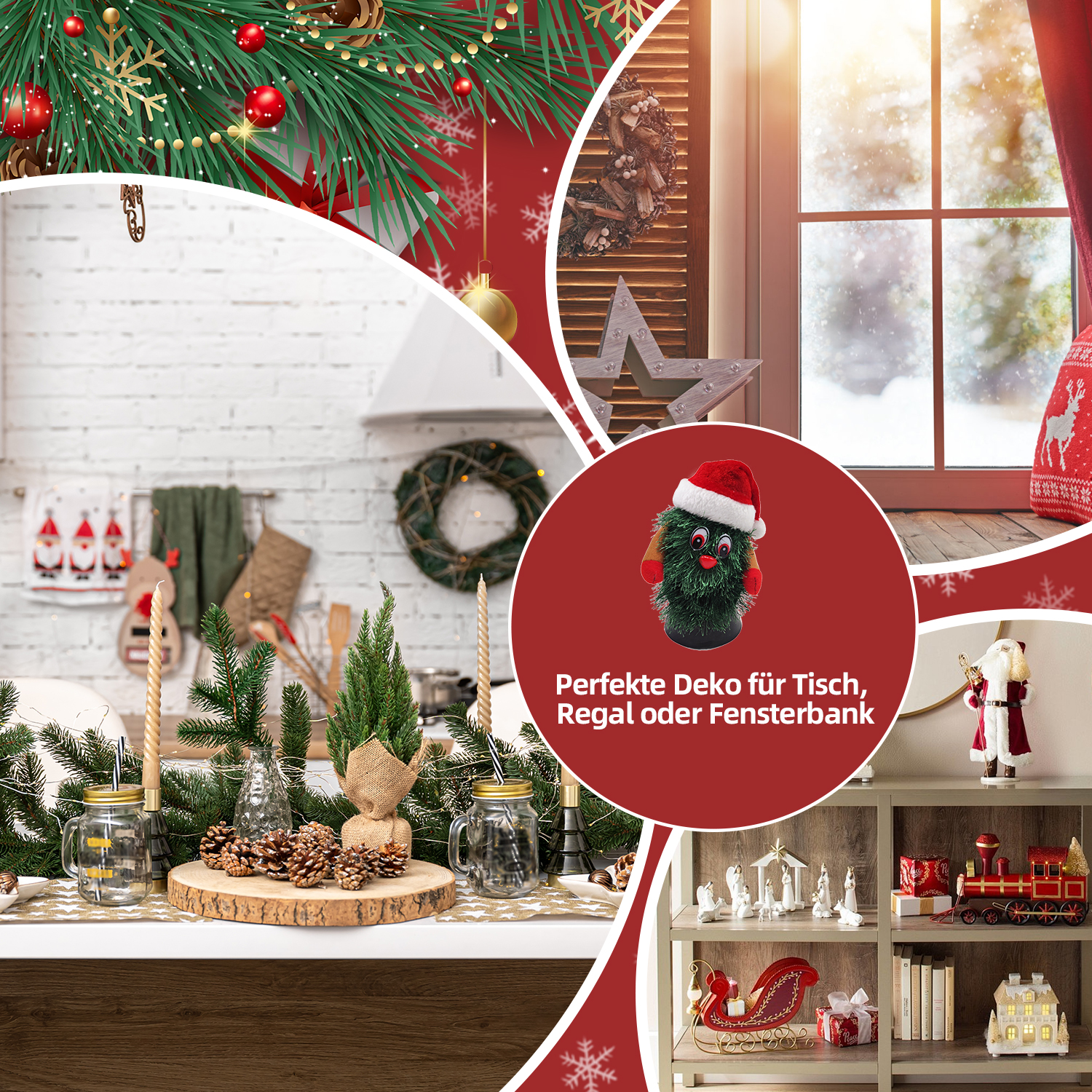 Weihnachtsdeko: Baum, Kerzen, Tannenzapfen, Weihnachtsmann, Fenster und Regale mit Ornamenten. Festliche Szene mit roten und weißen Akzenten.