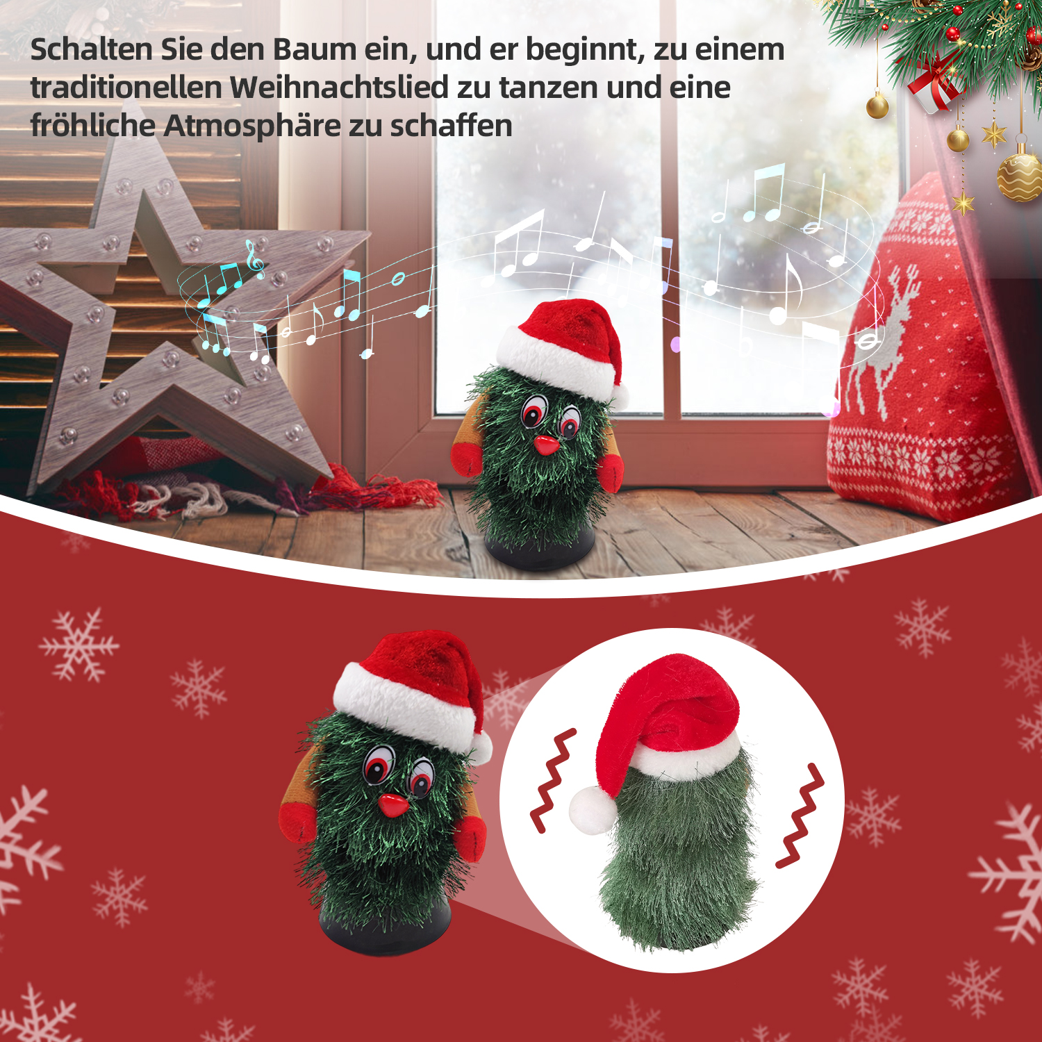 Ein tanzendes Weihnachtsbaumspielzeug mit Weihnachtsmütze. Hintergrund: Stern, Fenster und Dekoration mit Noten.