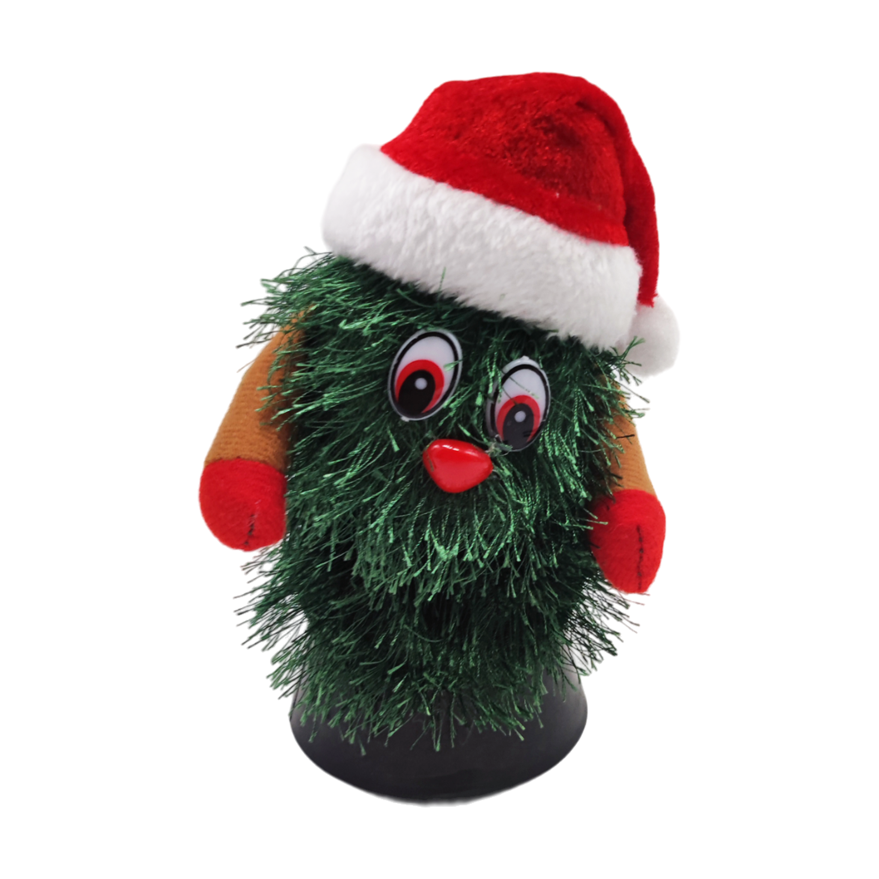 Ein Weihnachtsbaum-Plüschtier mit Weihnachtsmütze, roter Nase und roten Augen. Der Hintergrund ist schwarz.