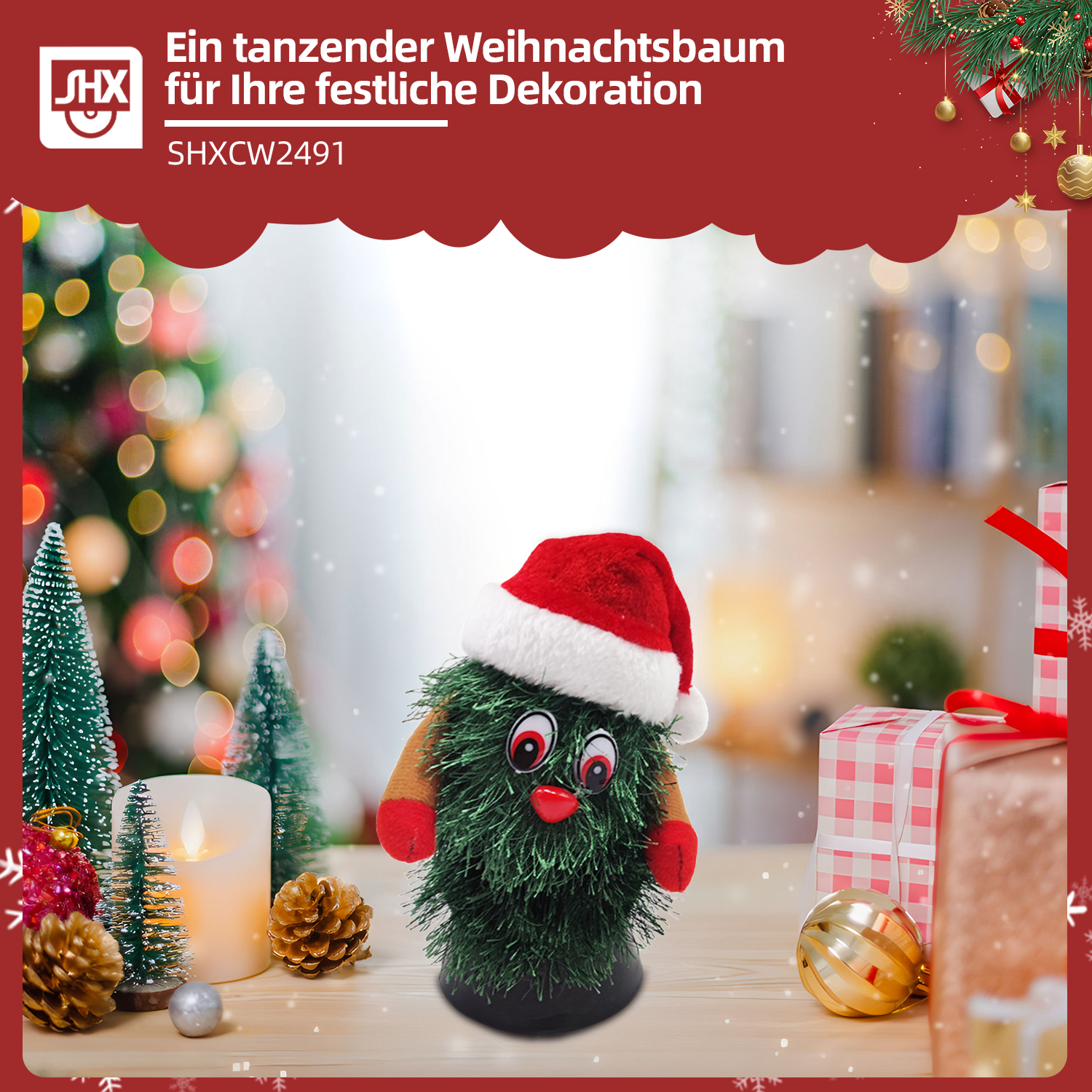 Ein tanzender Weihnachtsbaum mit Weihnachtsmütze, umgeben von Geschenken, Kerzen und Ornamenten auf einem Holztisch.