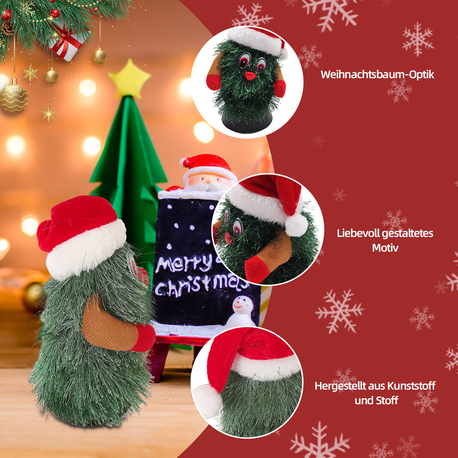 Weihnachtsbaumdekoration mit Weihnachtsmütze, grünem Körper und braunen Armen, umgeben von Weihnachtsdekorationen und Schneeflocken.