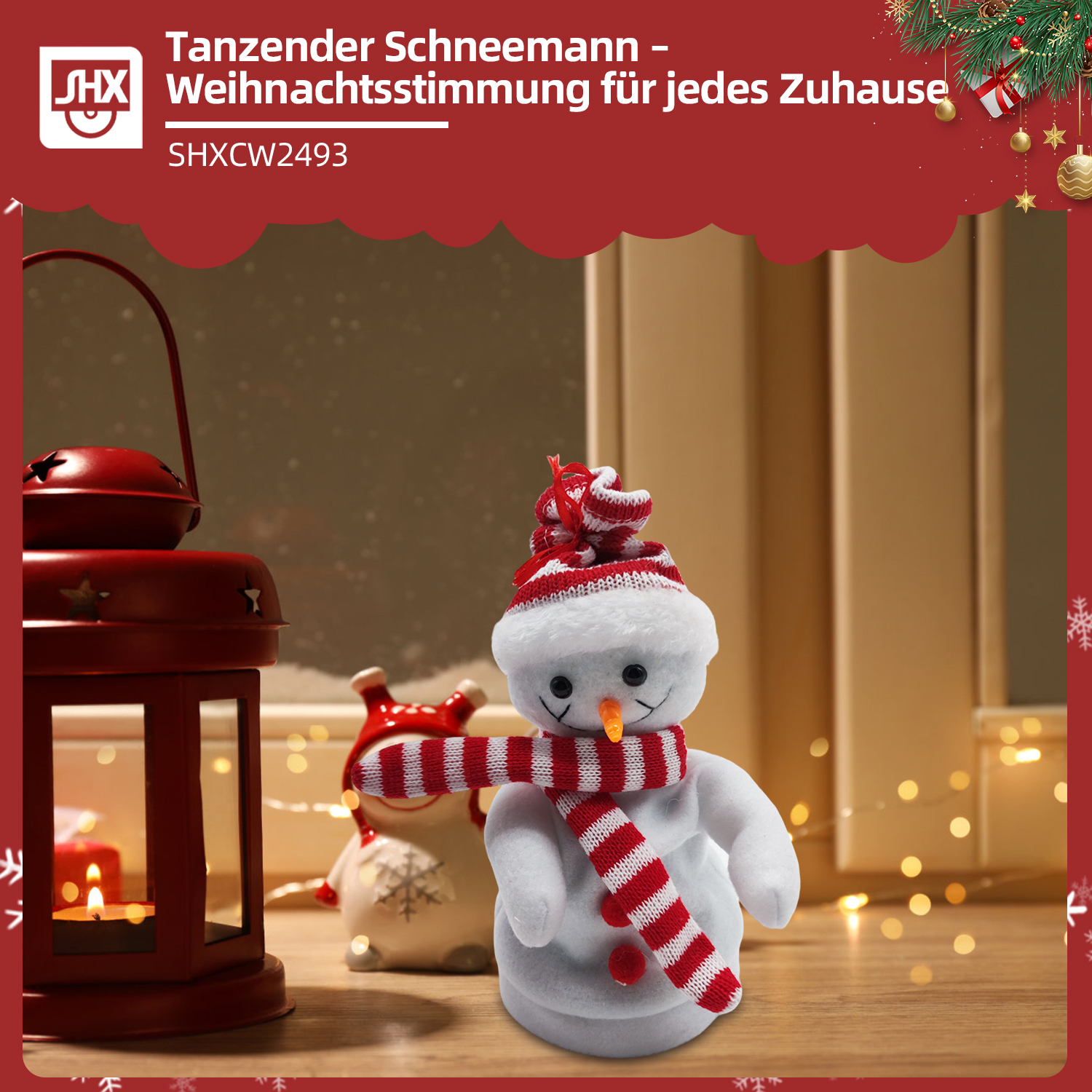 Ein Schneemann mit rot-weißem Schal und Hut steht neben einer Laterne. Der Hintergrund umfasst einen Weihnachtsbaum und Lichter.