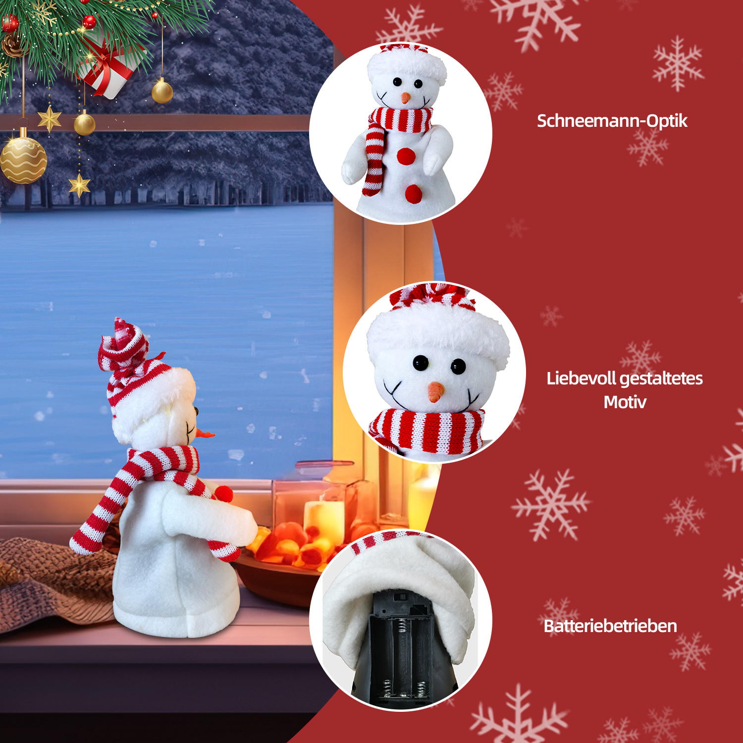Ein Schneemann mit rot-weißem Schal und Hut sitzt in der Nähe eines Fensters mit einer verschneiten Szene. Weihnachtsdekorationen sind sichtbar.