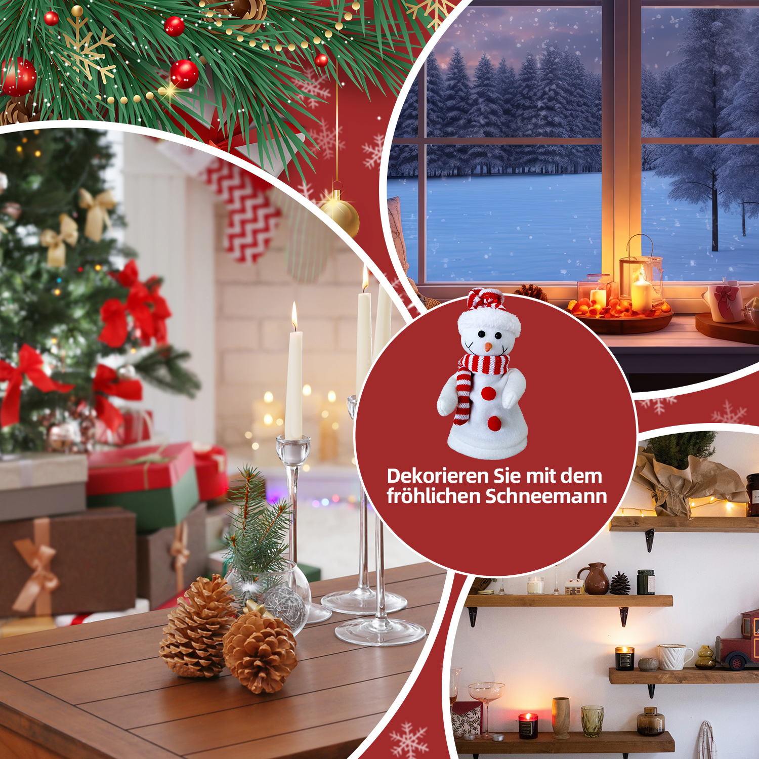 Weihnachtsszene mit Schneemann, Kerzen, Tannenzapfen und verschneitem Fensterblick. Geschenke und Weihnachtsbaum im Hintergrund.