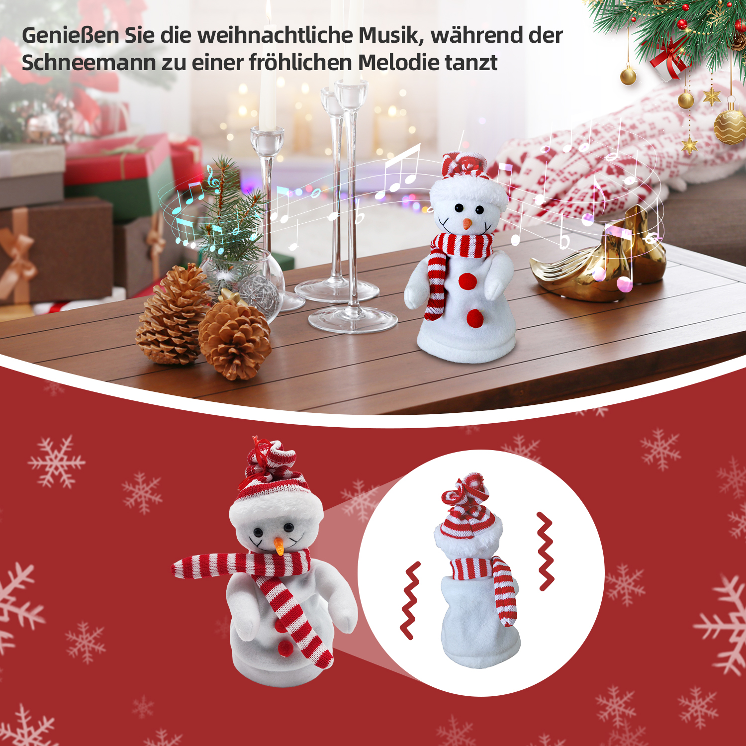 Ein Schneemann mit rot-weißem Hut und Schal tanzt auf einem Tisch. Weihnachtsdekorationen und Geschenke sind im Hintergrund.