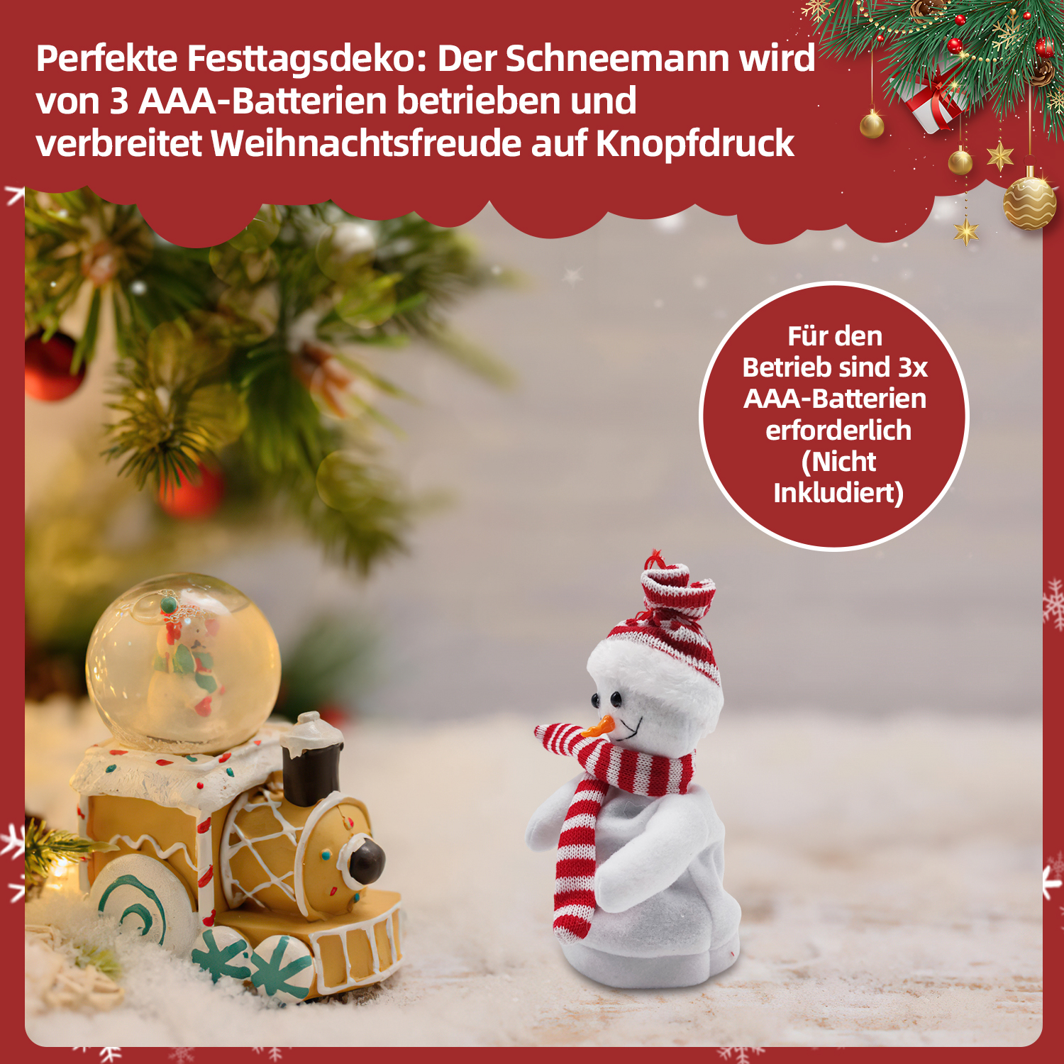 Eine Schneemannfigur mit roter und weißer Mütze und Schal neben einem Spielzeugzug mit einer Schneekugel.