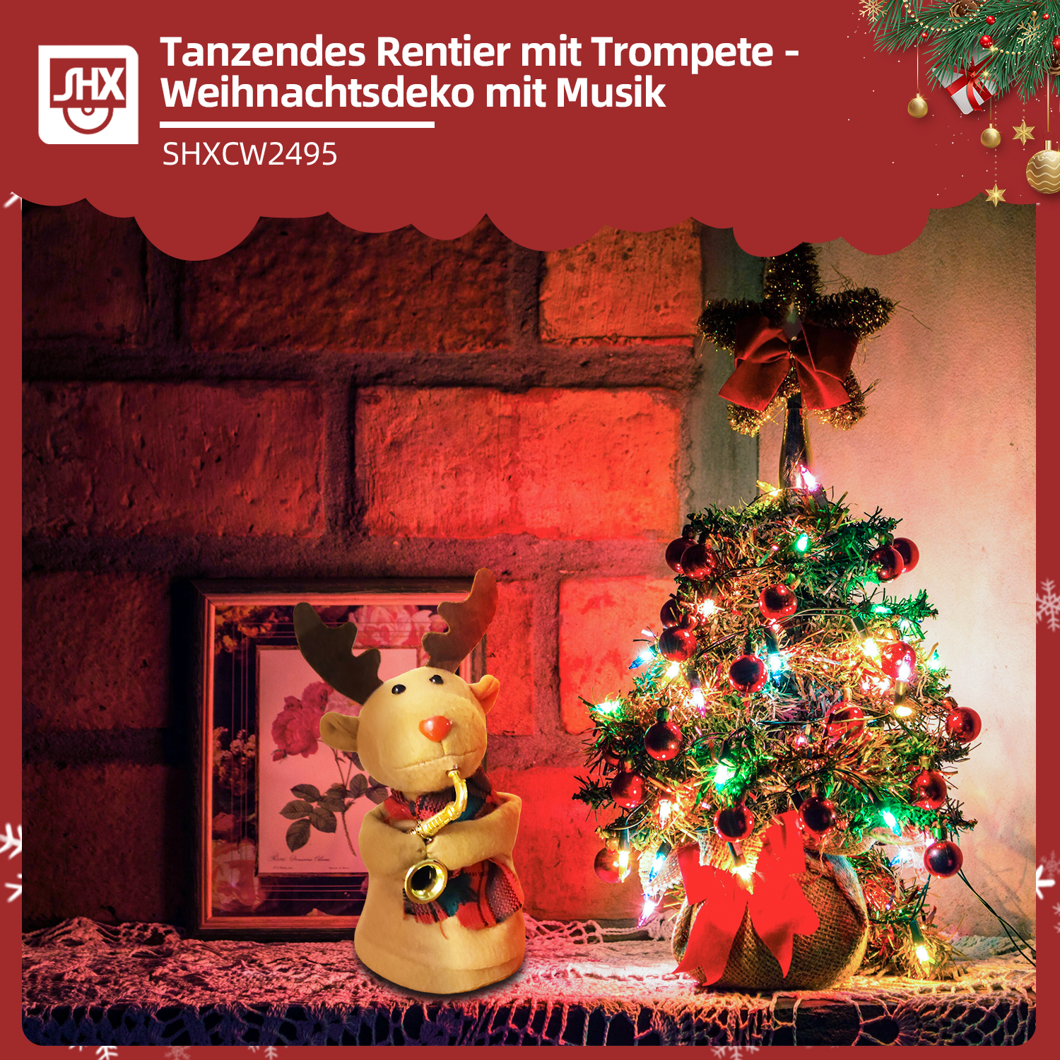 Weihnachtsszene mit Rentier mit Trompete, kleinem geschmücktem Baum und gerahmtem Bild. Warme, festliche Beleuchtung.