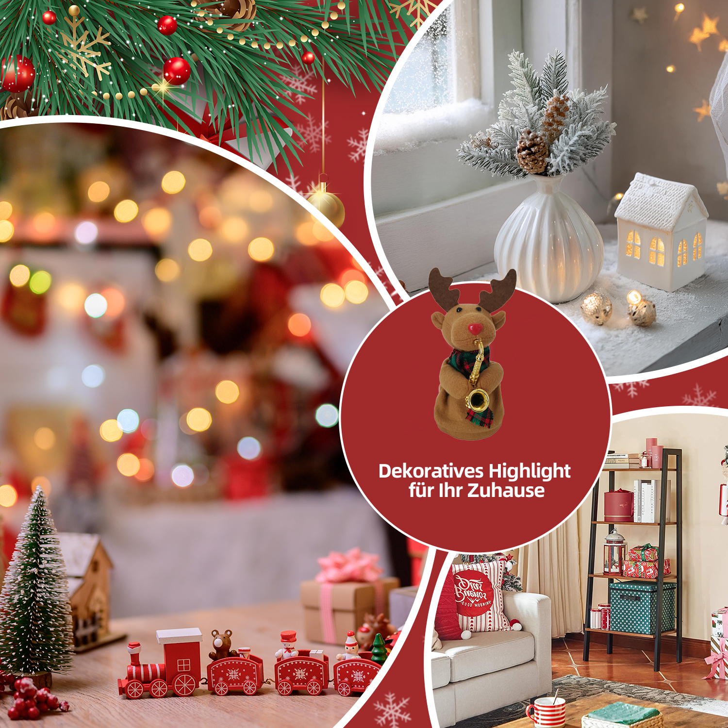 Festliche Szene mit Weihnachtsdekorationen: Zug, Baum, Geschenke, Rentier mit Saxophon und Fenster mit Ornamenten.